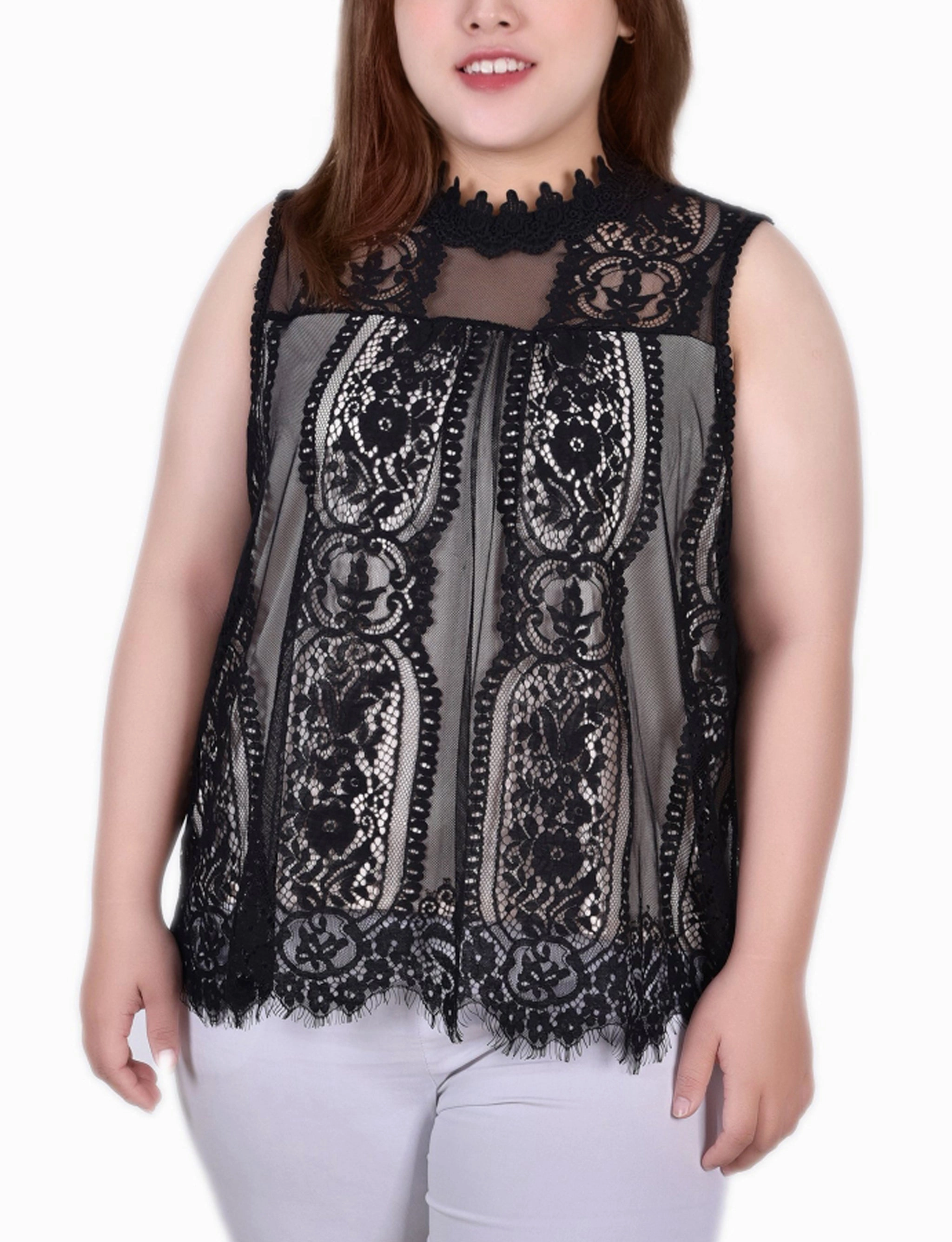 Plus Size Sleeveless Mock Neck Lace Top SoftFeel Fabric