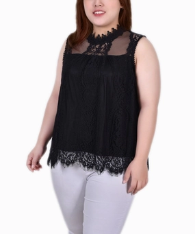 Plus Size Sleeveless Mock Neck Lace Top Brushed Microfiber Surface