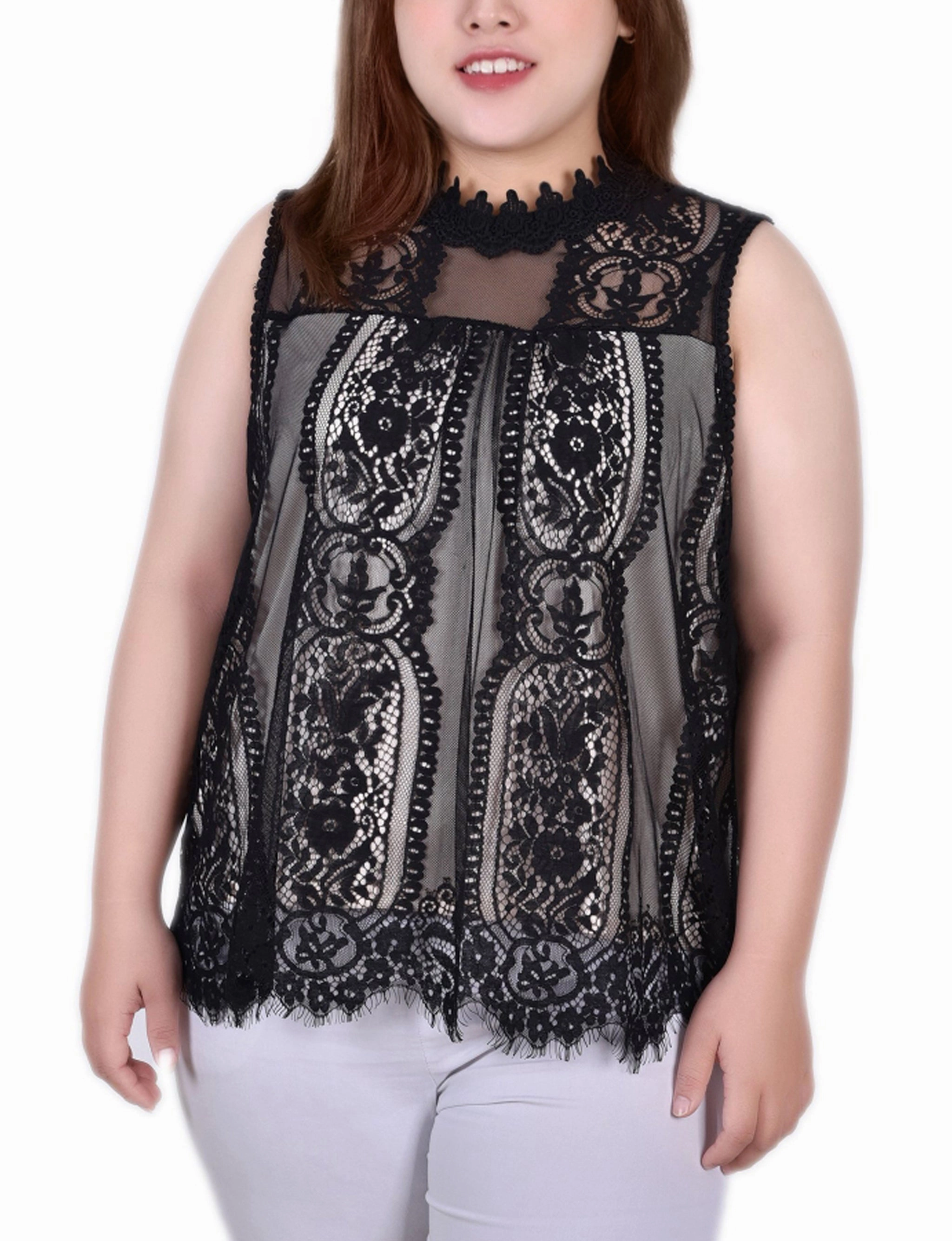 RibbedTrim Quick Dry Technology Plus Size Sleeveless Mock Neck Lace Top