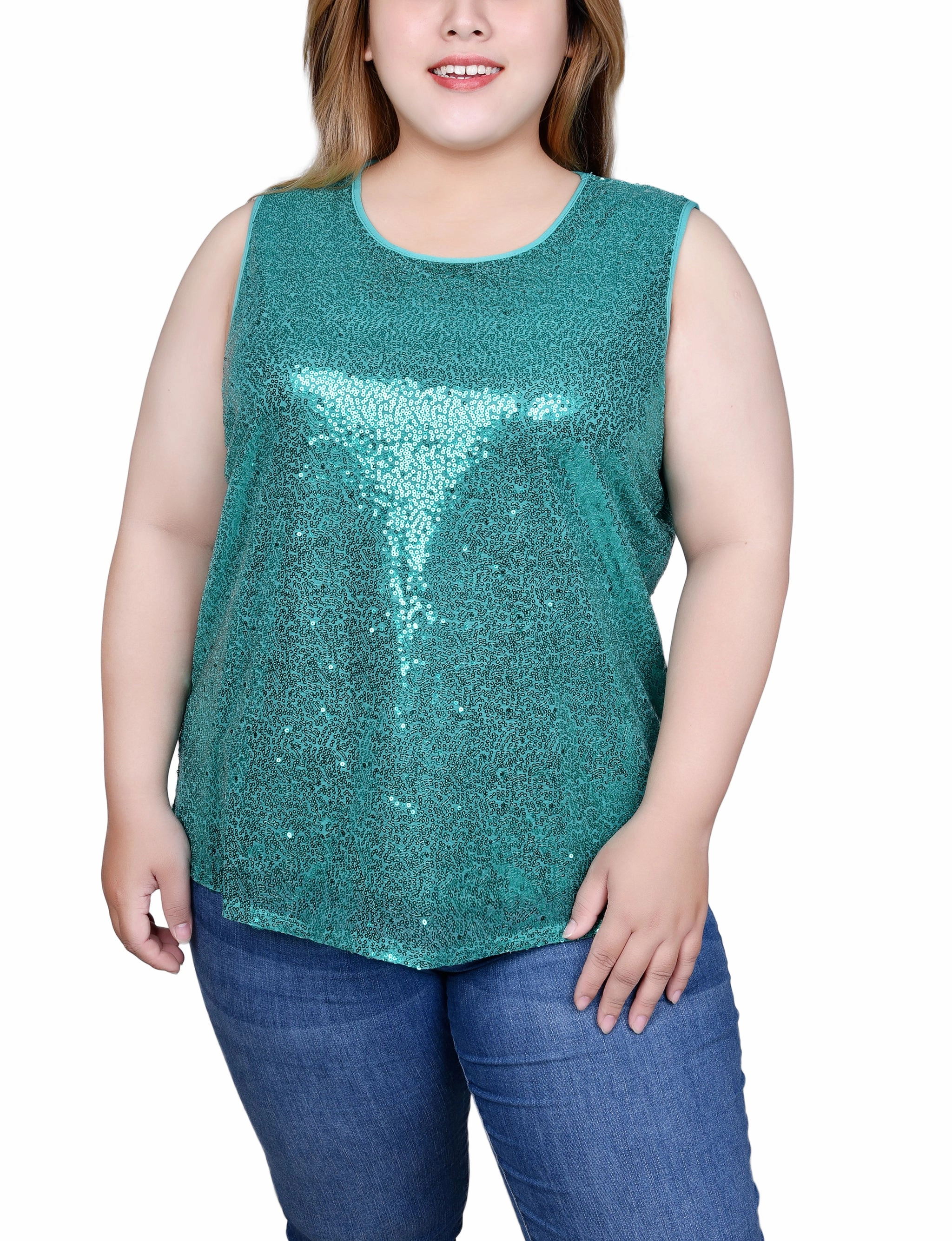 NonChafe Tag Placement Plus Size Sleeveless Sequined Tank Top With Combo Banding