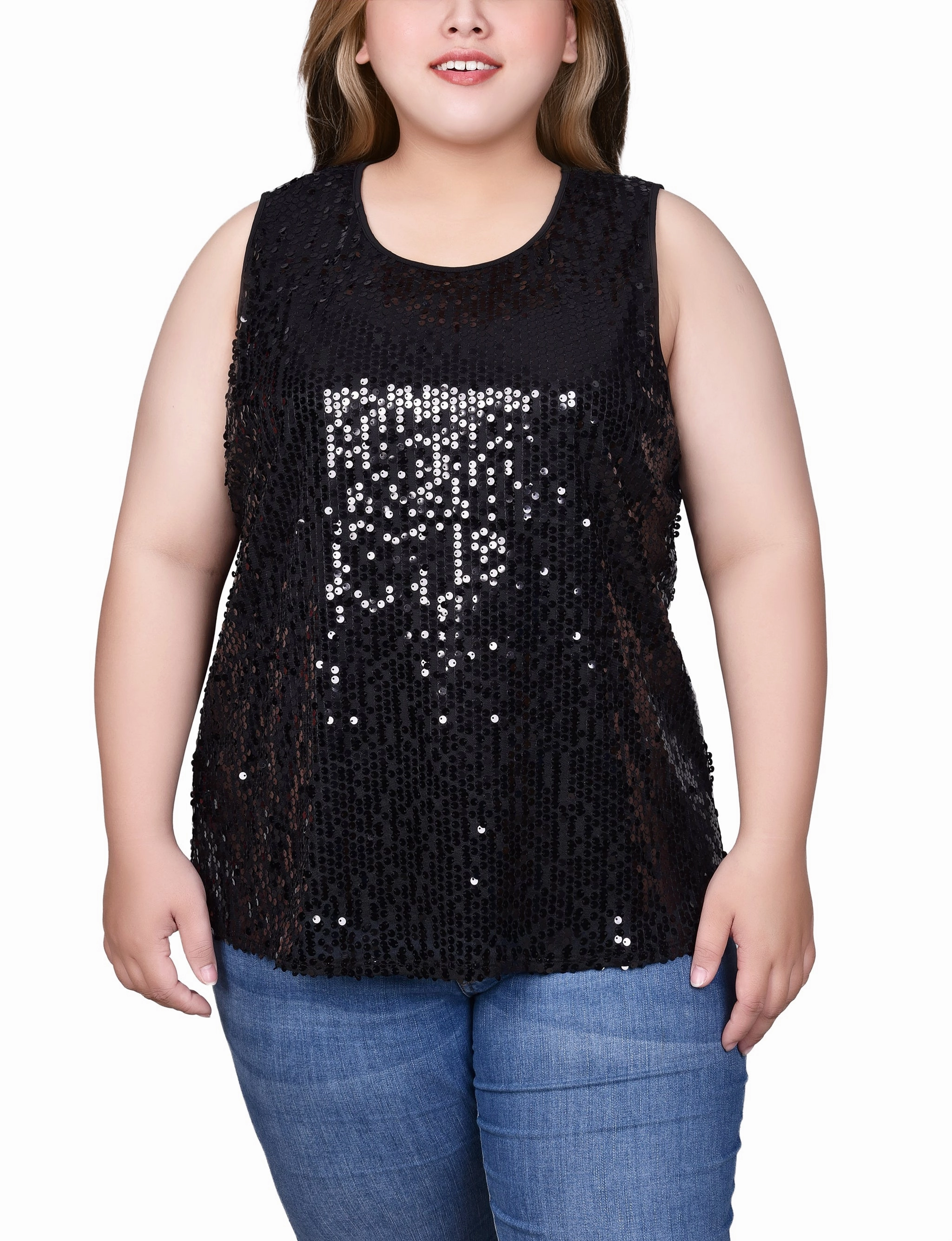 LightweightMaterial ReinforcedEdges Plus Size Sleeveless Sequined Tank Top With Combo Banding