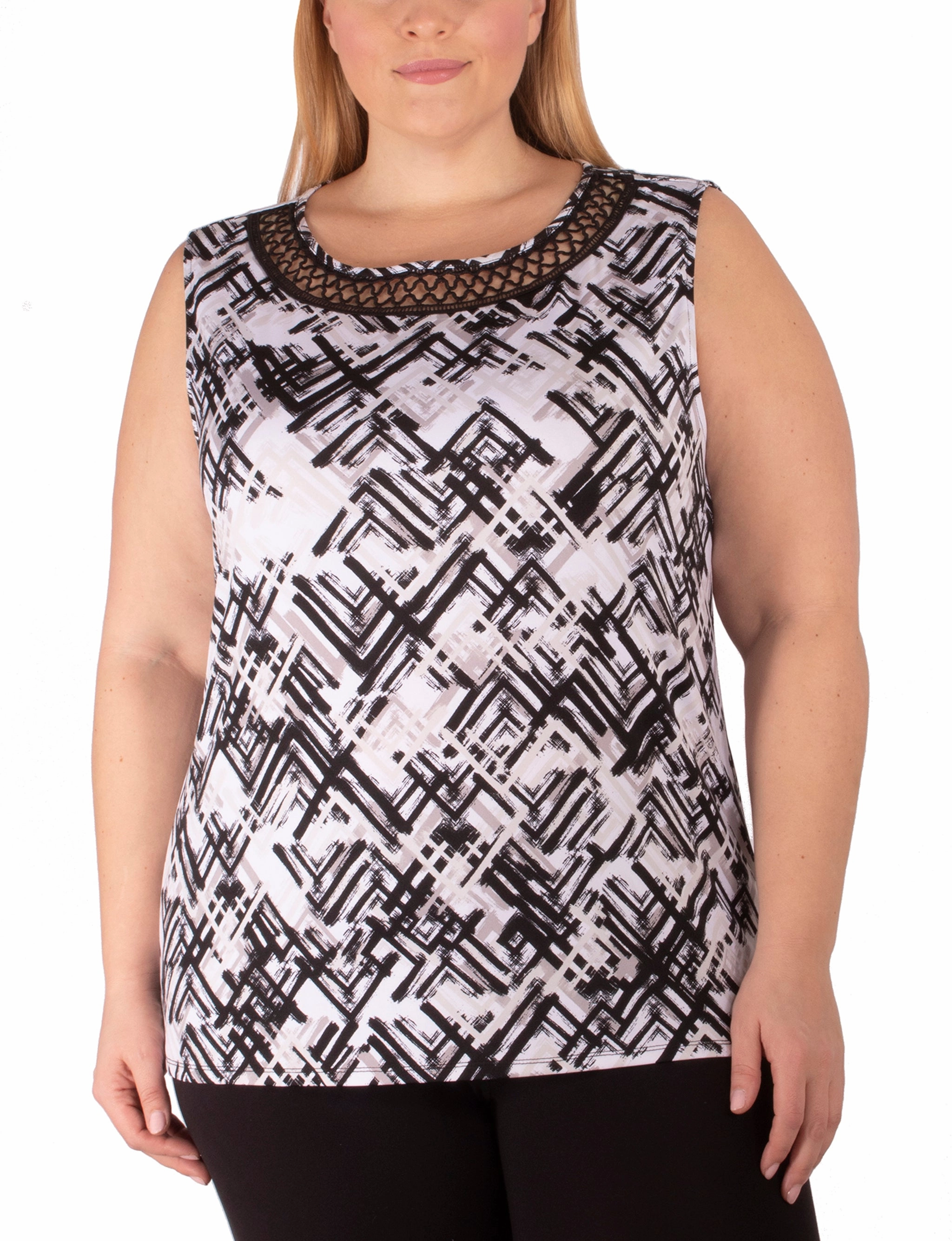 Plus Size Sleeveless Top With Crochet Neckline Light material