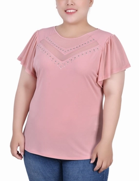 Ventilated Back Panels WaterResistantCoating Plus Size Studded Short Flutter Sleeve Top With Mesh Details