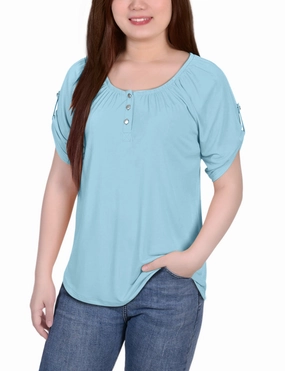 EasyCare Material NonRestrictive Armholes Short Sleeve Round Neck Henley Top