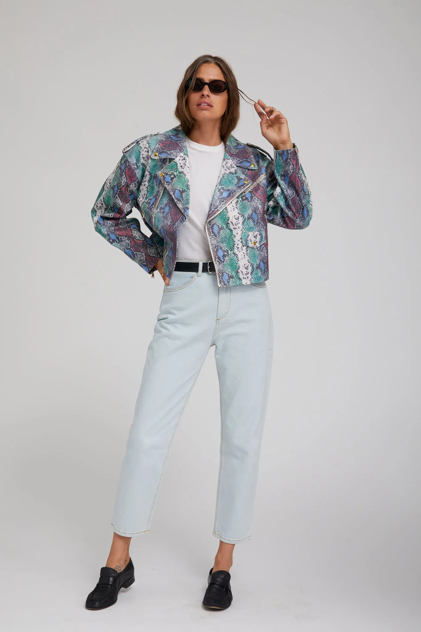 Multipurpose Layering Anti Static Lining Snake Print Leather Moto Jacket