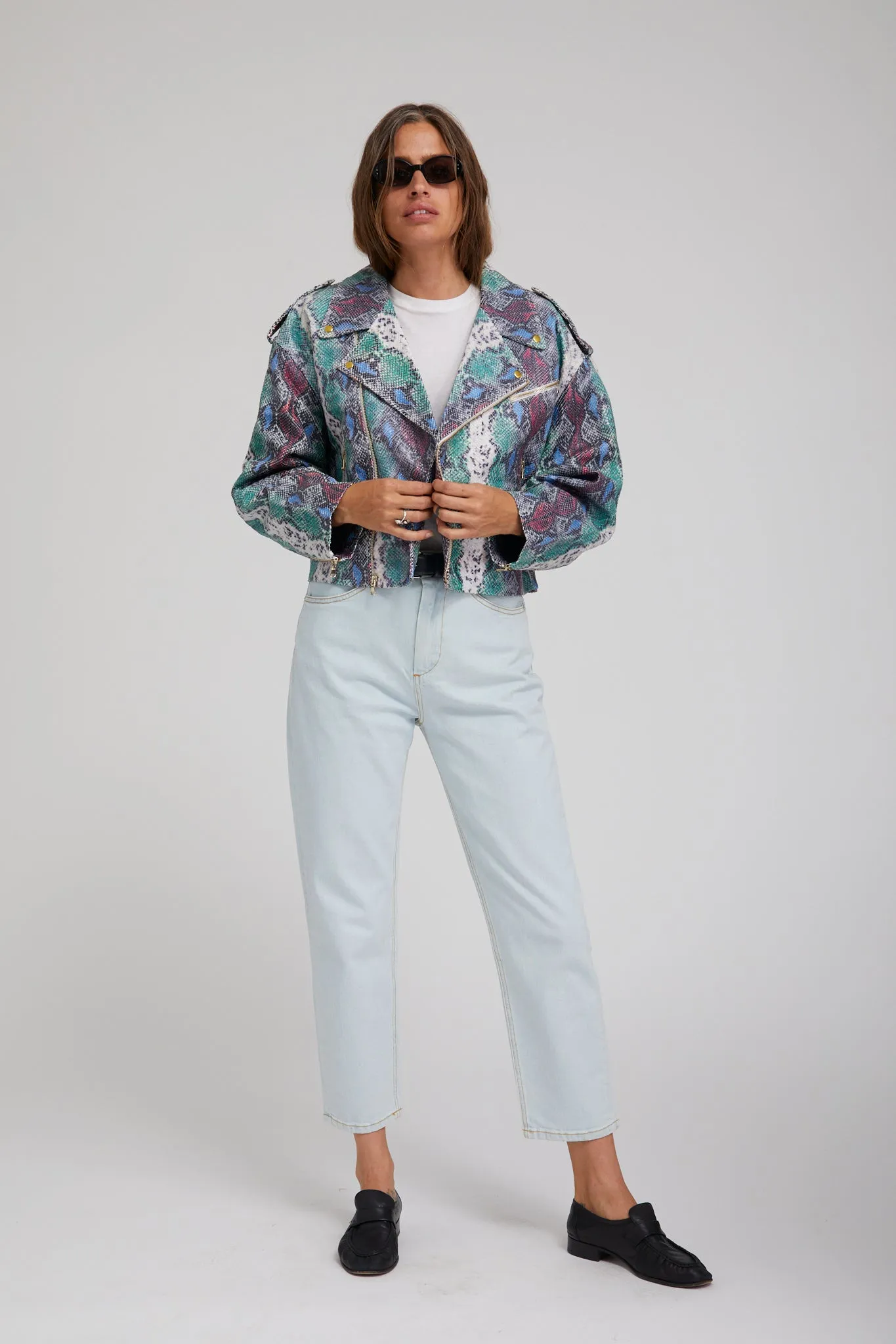 Snake Print Leather Moto Jacket Light Day Jacket Ventilation Vents