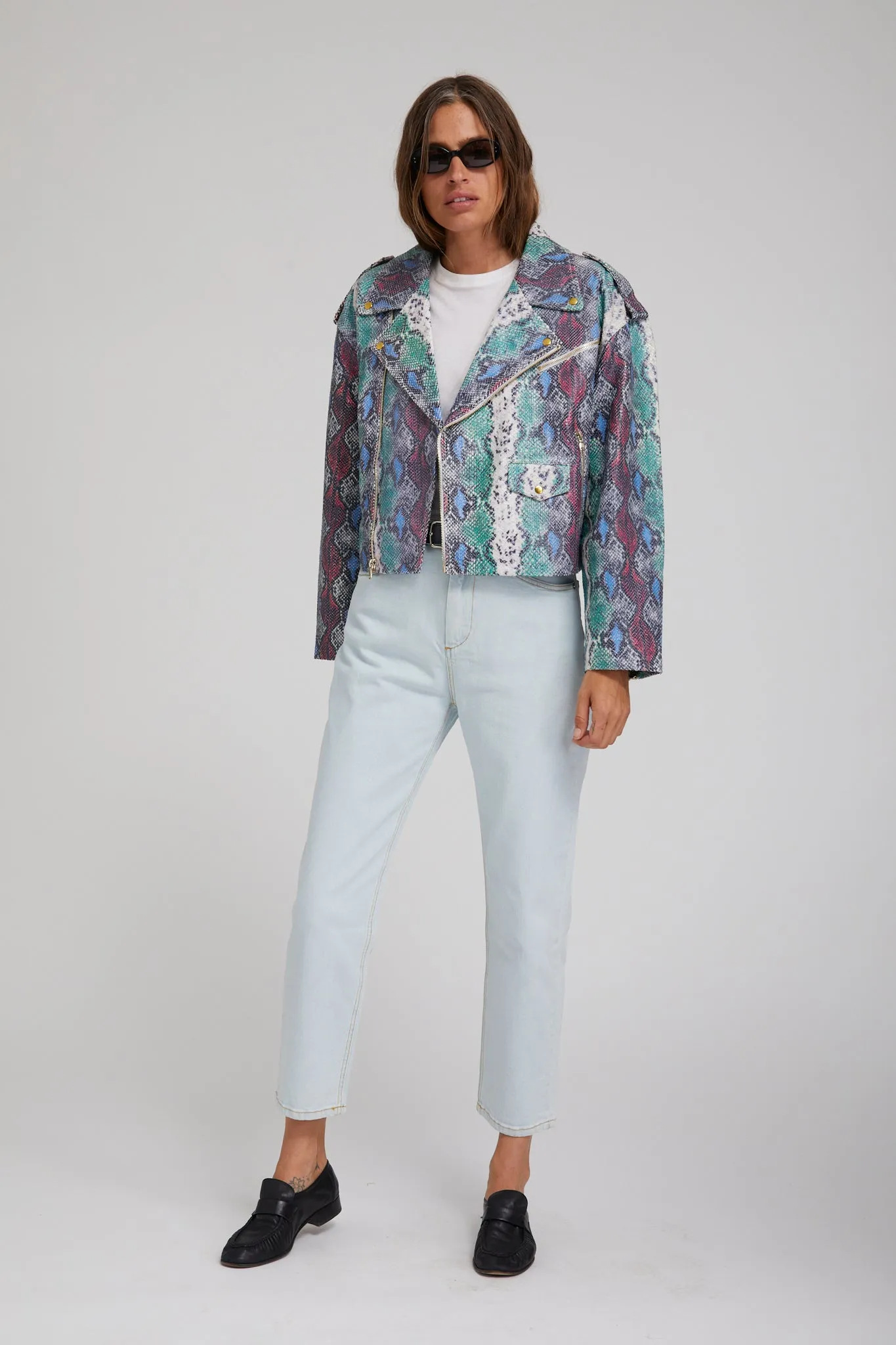 Snake Print Leather Moto Jacket Everyday apparel Easy Movement Cut