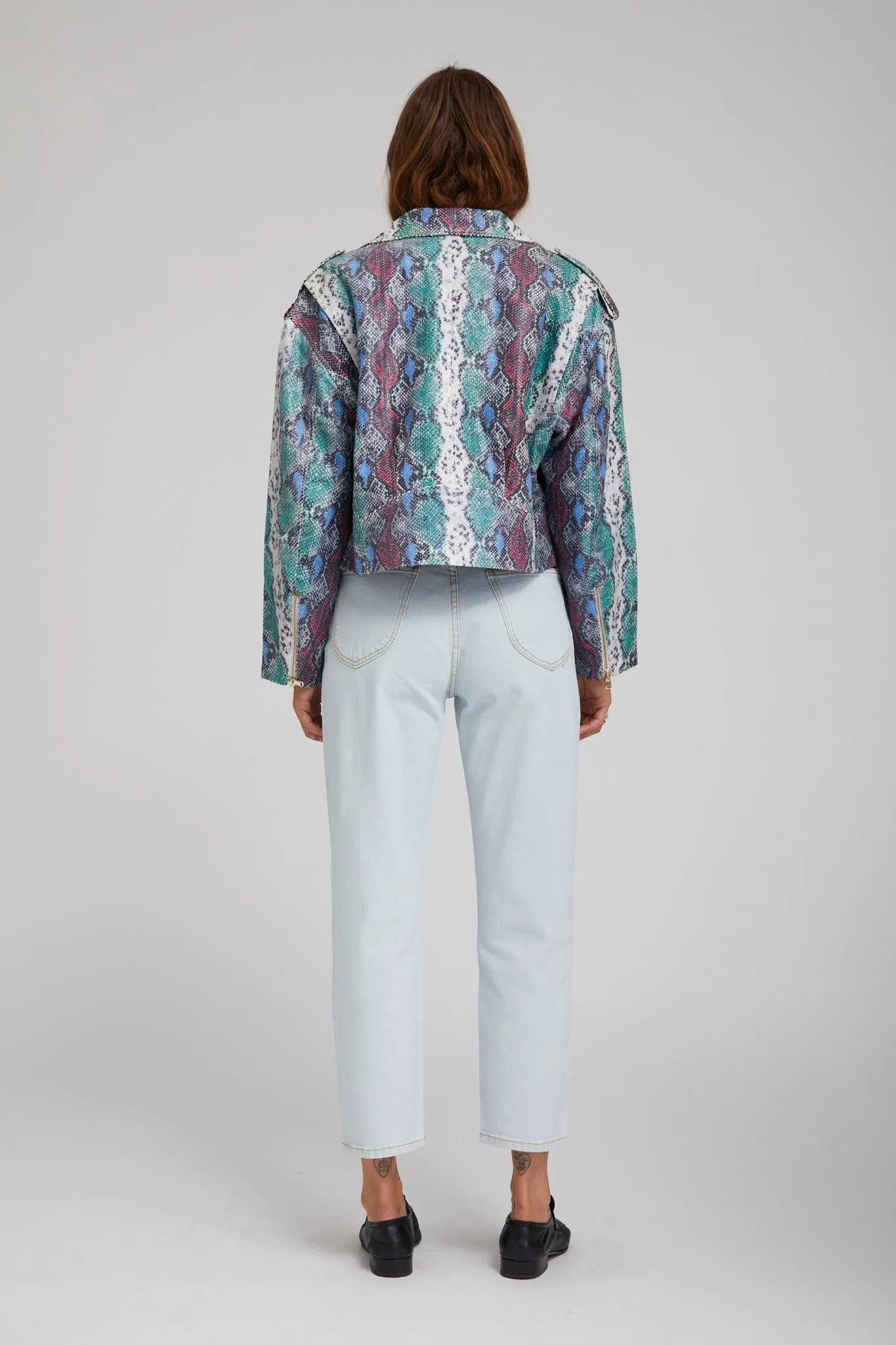 Water Resistant Design Snake Print Leather Moto Jacket