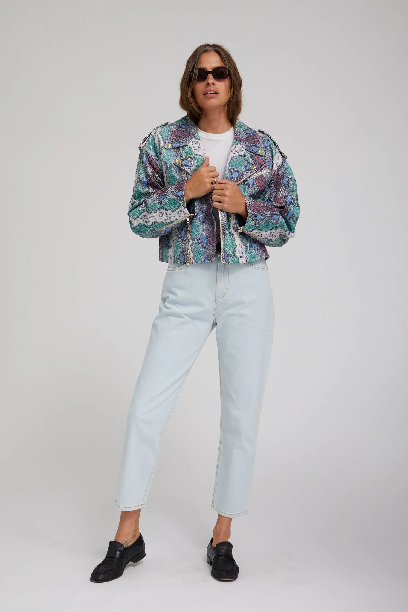 AntiSnag Lining Material Snake Print Leather Moto Jacket