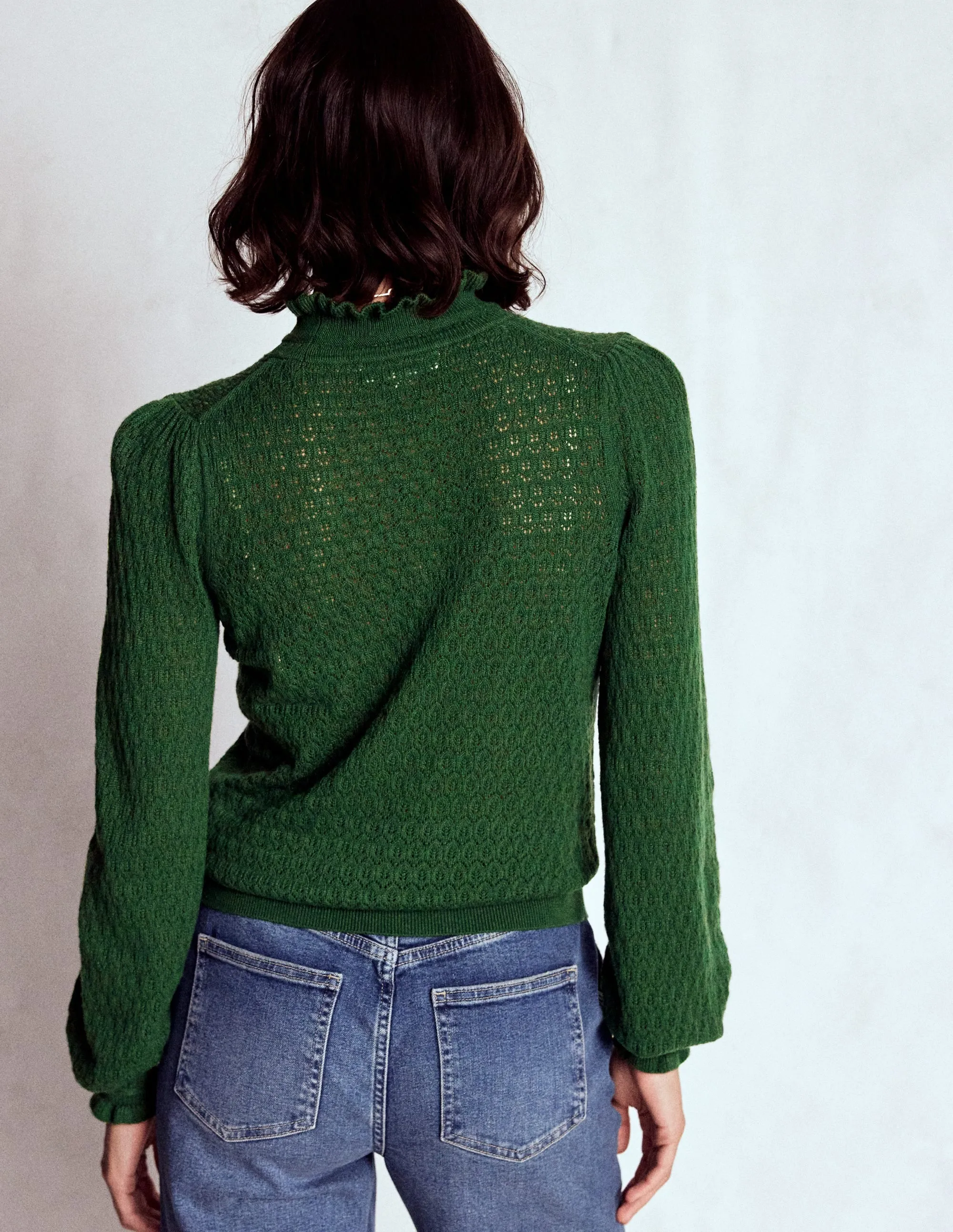 Pointelle Ruffle Jumper-Hunter Green Warm Essentials Bonded Hem Technology