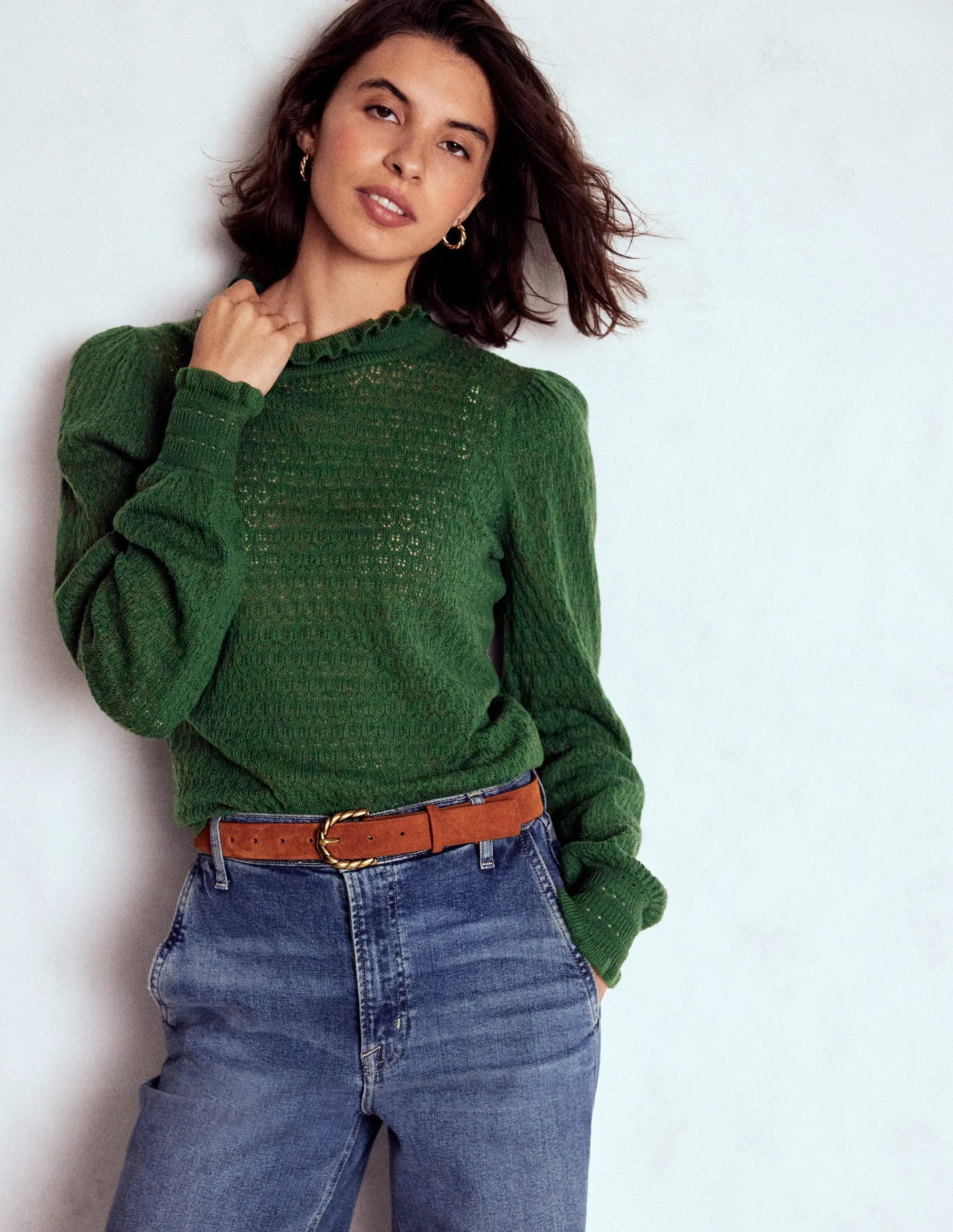 windy days Subtle Fit Pointelle Ruffle Jumper-Hunter Green