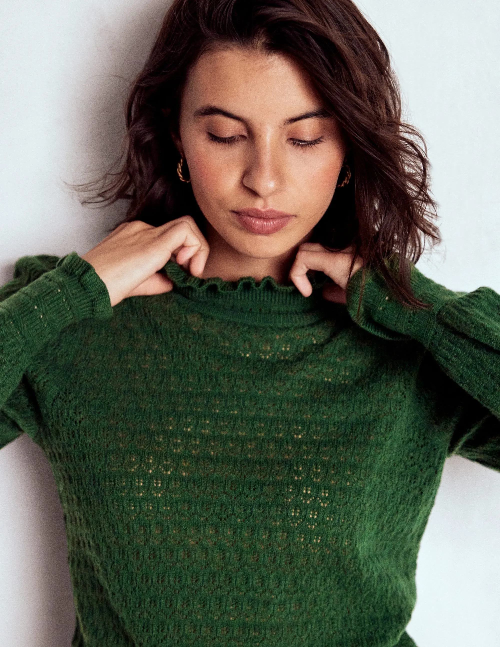 Interlock Ribbed Collar Pointelle Ruffle Jumper-Hunter Green