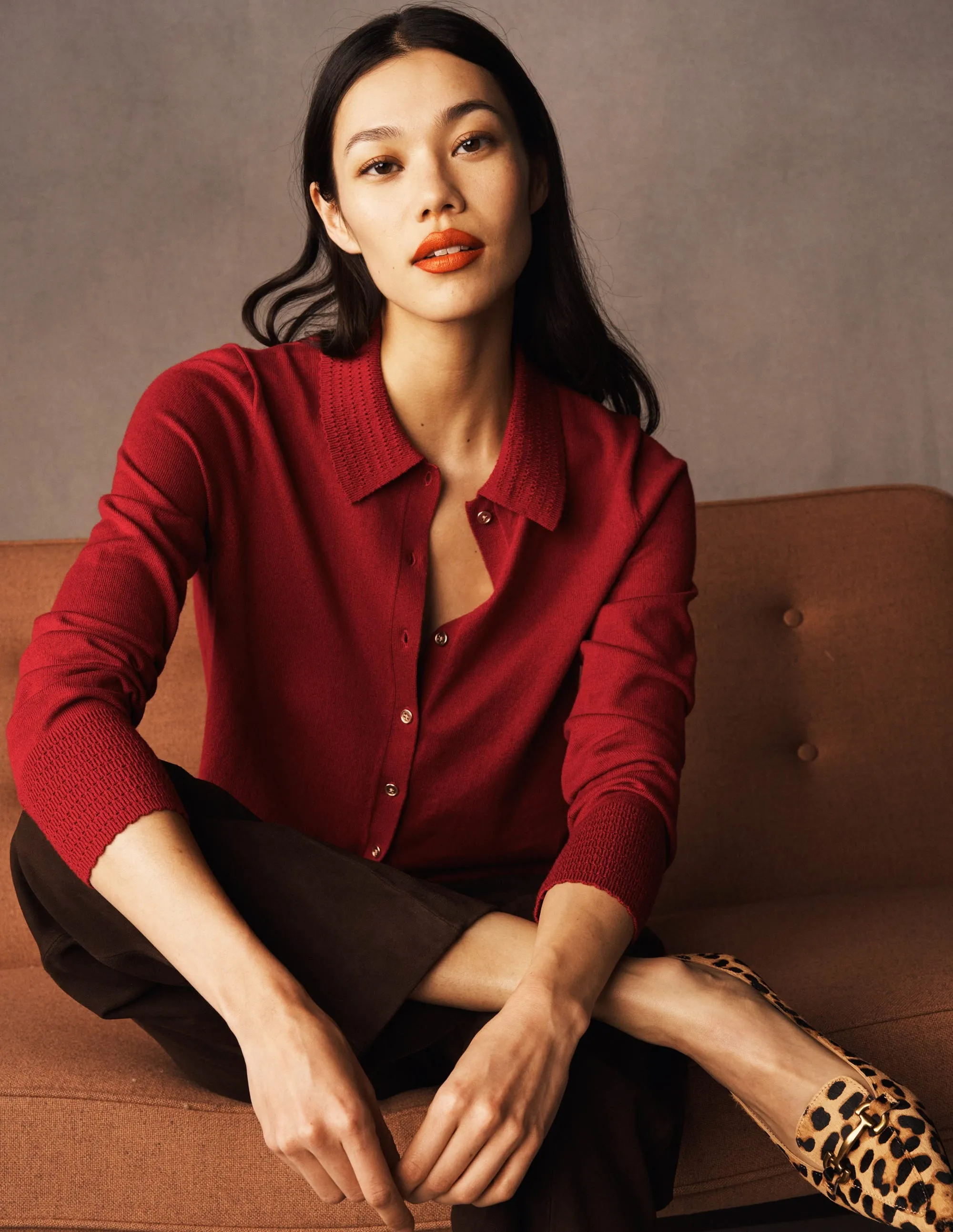 WrinkleResistant Finish Non Restrictive Silhouette Briony Stitch Cardigan-Red Liquorice