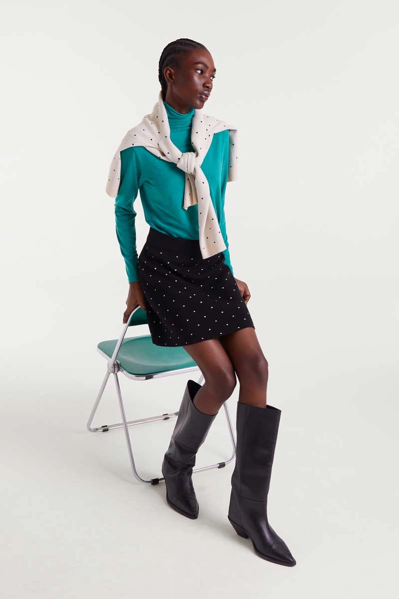 Polka Dot Knit Mini Skirt in Black Print Mix Simple Outfit