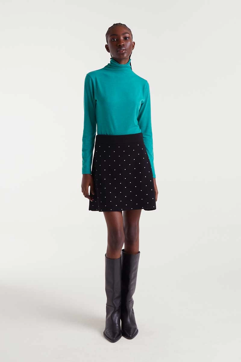 Polka Dot Knit Mini Skirt in Black Comfy Style