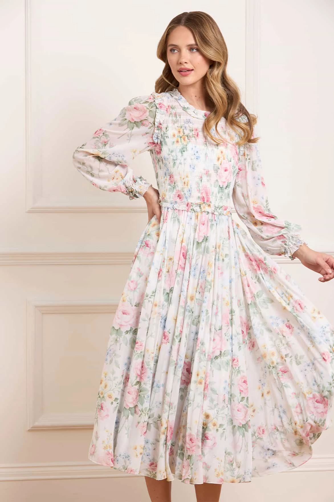 Pompadour Garden Chiffon Smocked Ballerina Dress Sunset Glow