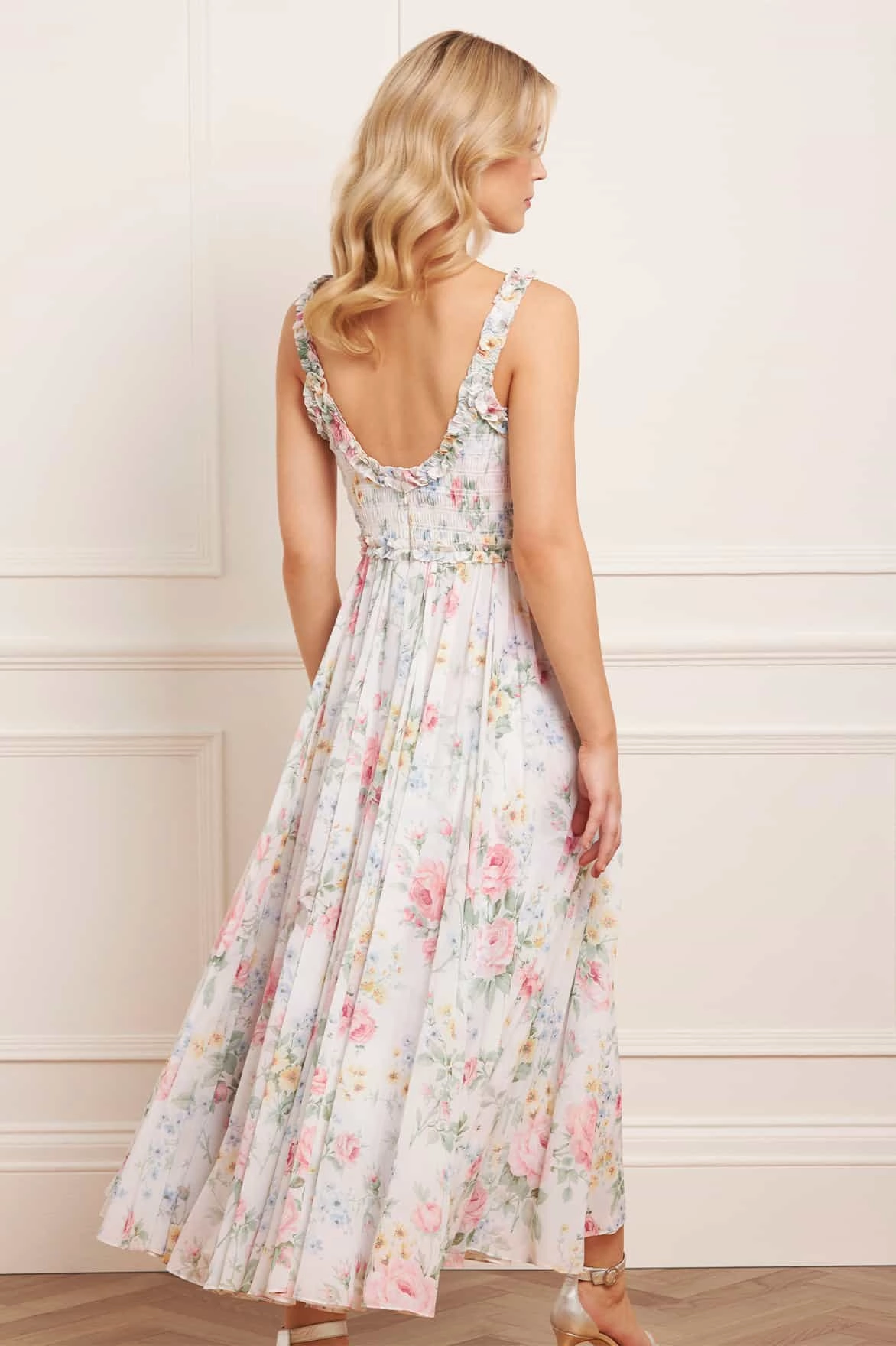 Flattering Silhouette Pompadour Garden Chiffon Smocked Cami Ankle Gown