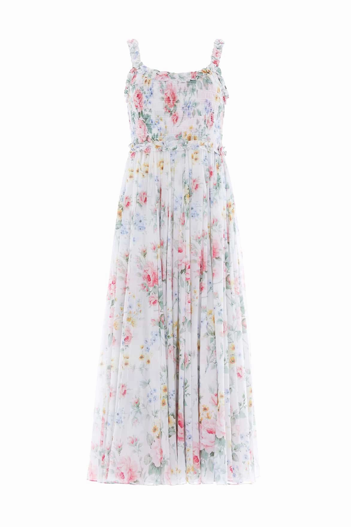 Pompadour Garden Chiffon Smocked Cami Ankle Gown Matte Fabric