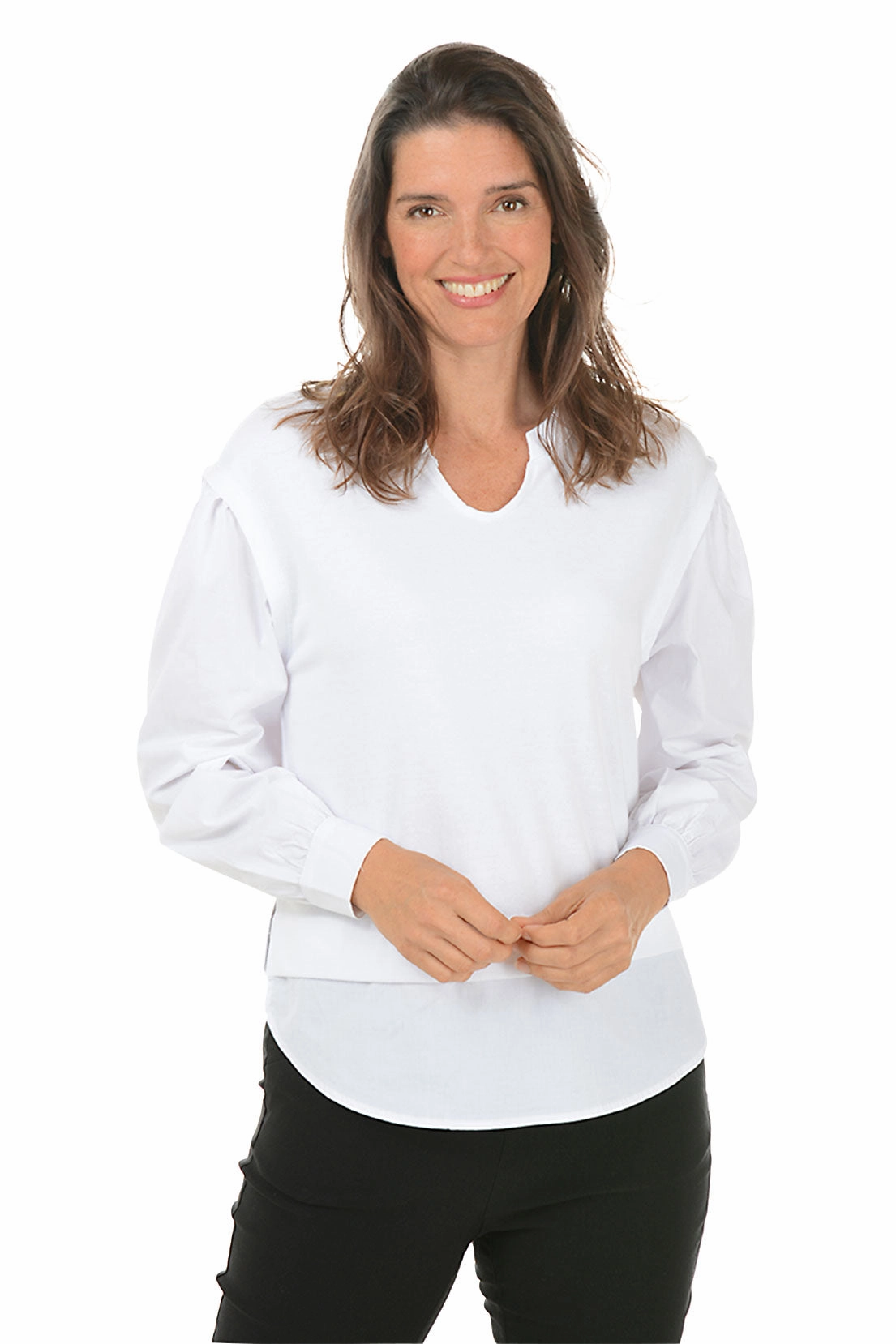 Poplin Layered Long Sleeve Top Contoured Armhole Design Sporty Top
