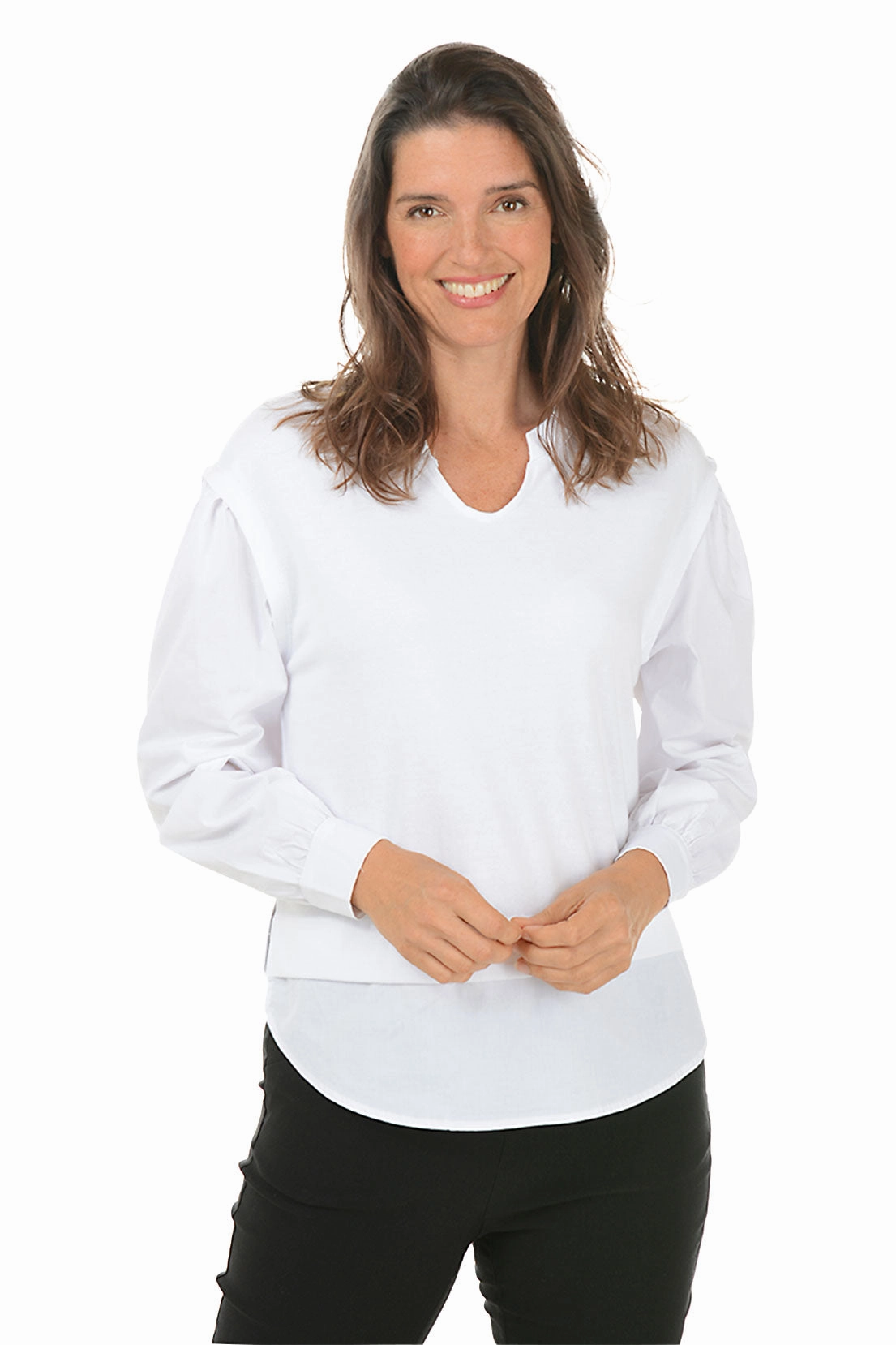 Curved Hem Design Tear Resistant Reinforcement Poplin Layered Long Sleeve Top