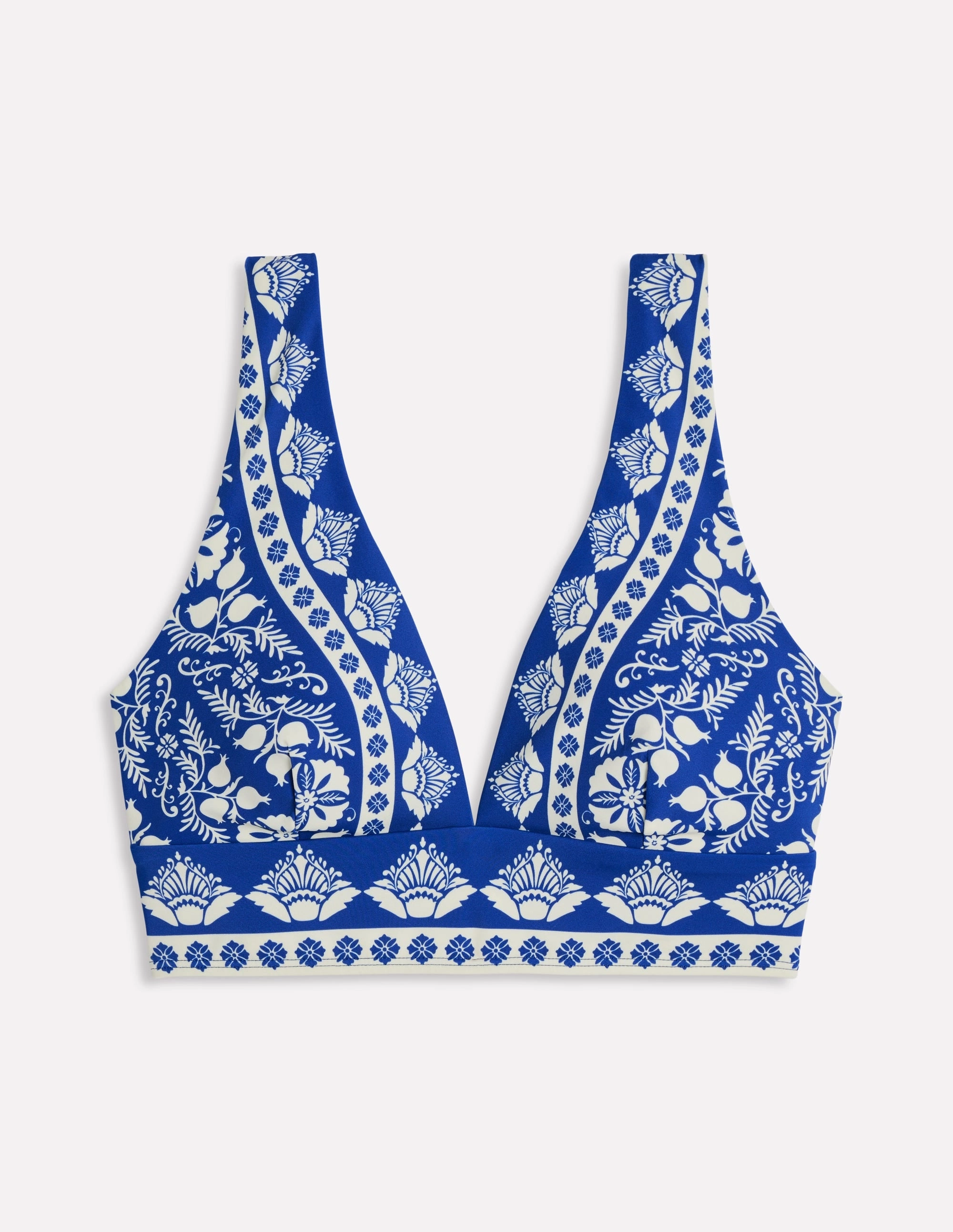 Porto Bikini Top-Bright Blue, Ornate Stripe Neutral Tone Trims Coastal Vibes