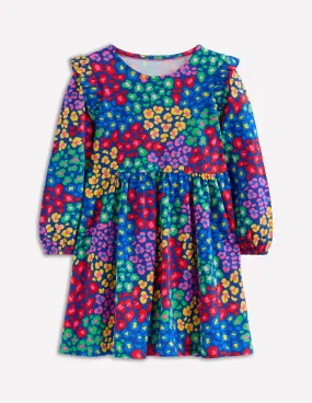 Street Flex Flattering Look Fit Posie Long Sleeve Jersey Dress-Bright Blue Rainbow Leopard