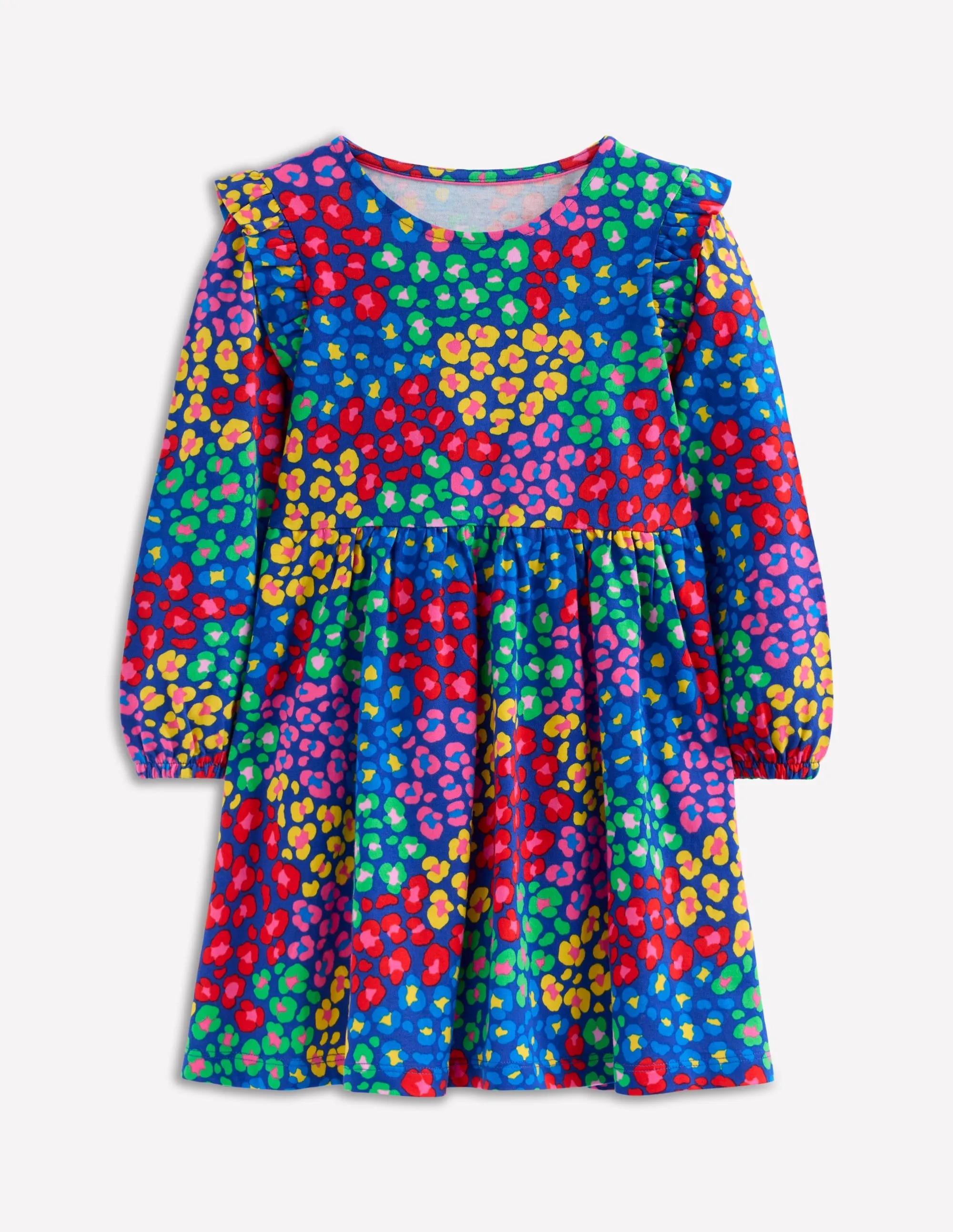 Posie Long Sleeve Jersey Dress-Bright Blue Rainbow Leopard Flowing Layers Gentle Stitch