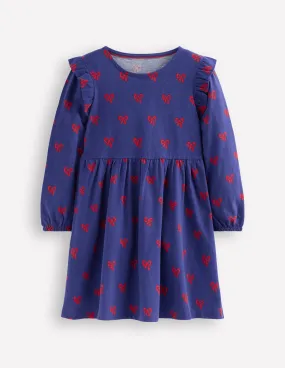 Posie Long Sleeve Jersey Dress-Starboard Blue Tiny Bows Clean Chic Trendy Design