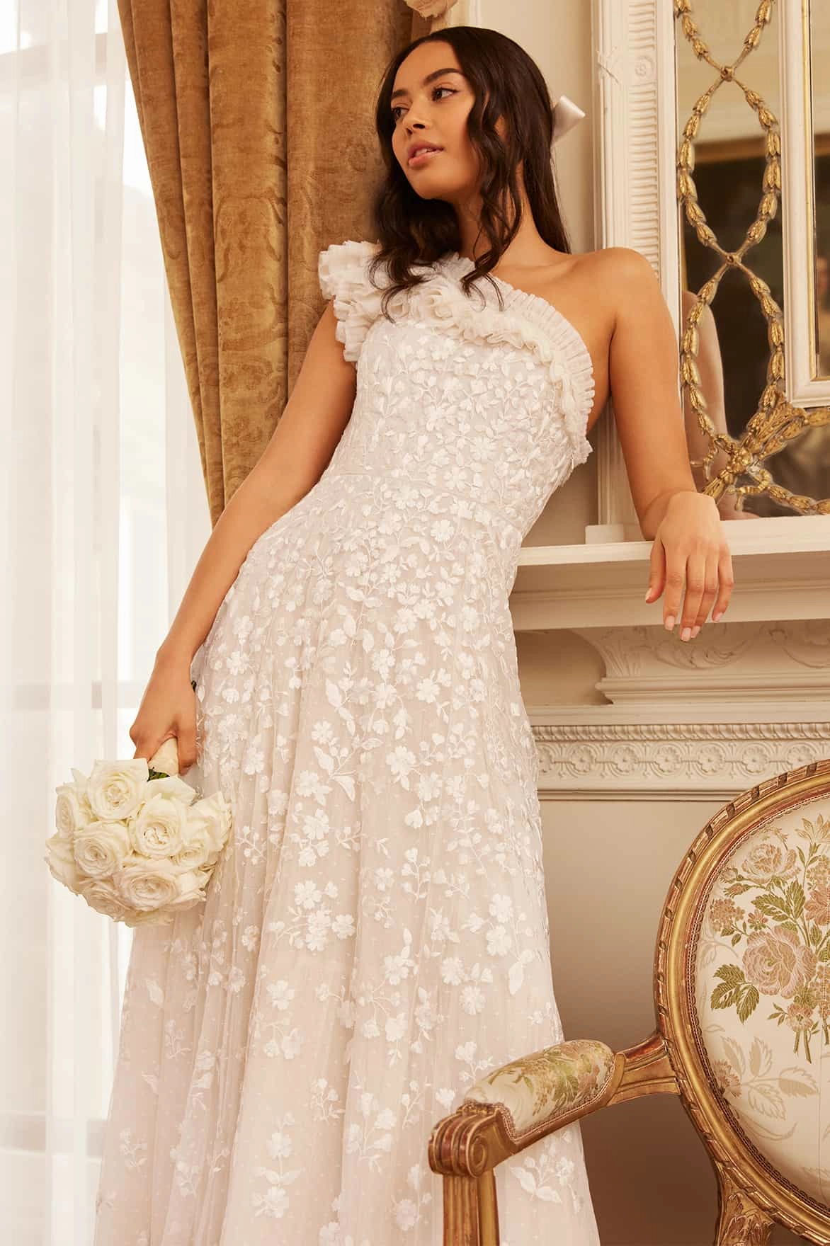 Posy Pirouette One-Shoulder Ankle Gown Soft Neutral