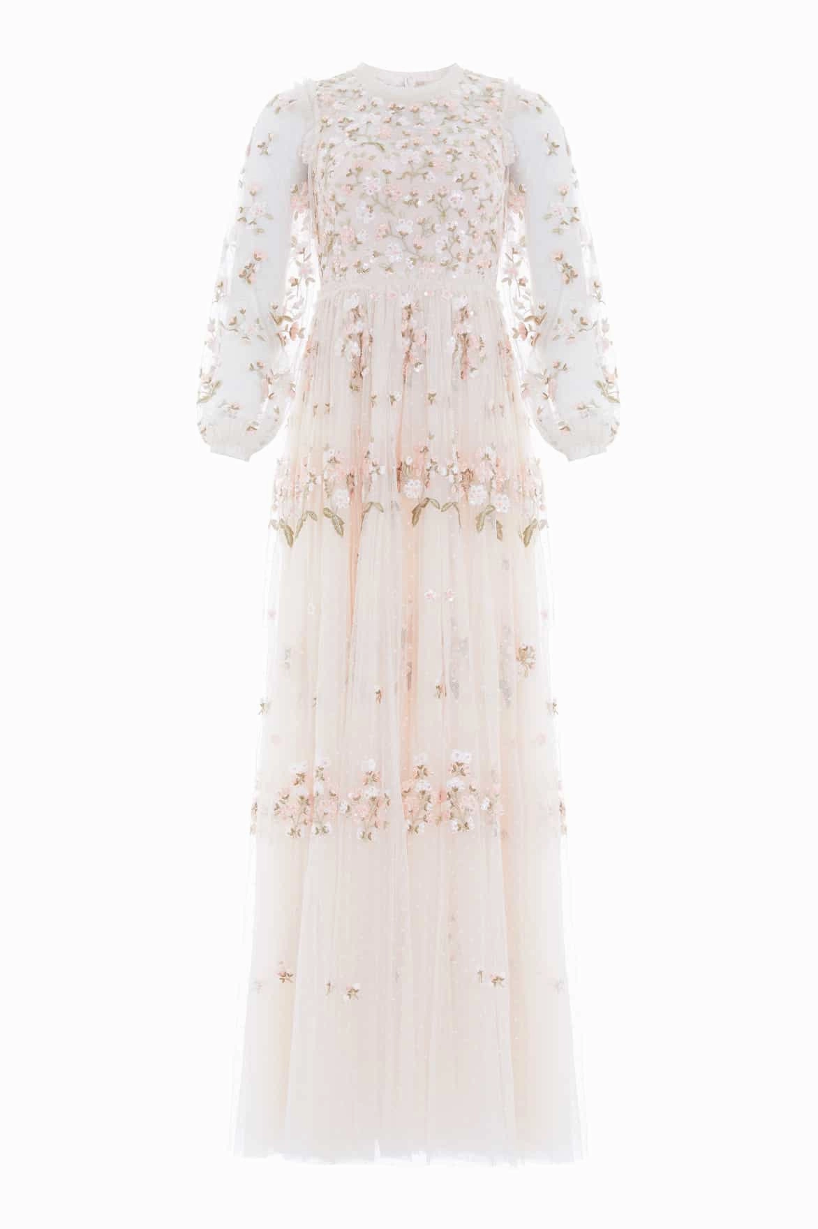 Chic Statement Ruffle Hem Posy Round Neck Gown