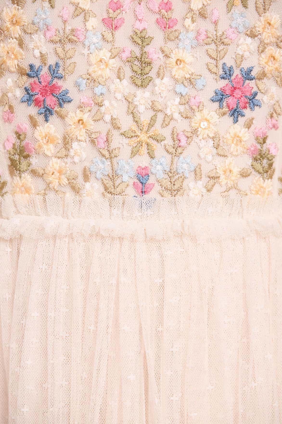 Flowerbed Embroidery Bodice Round Neck Ankle Gown Elegant Touch