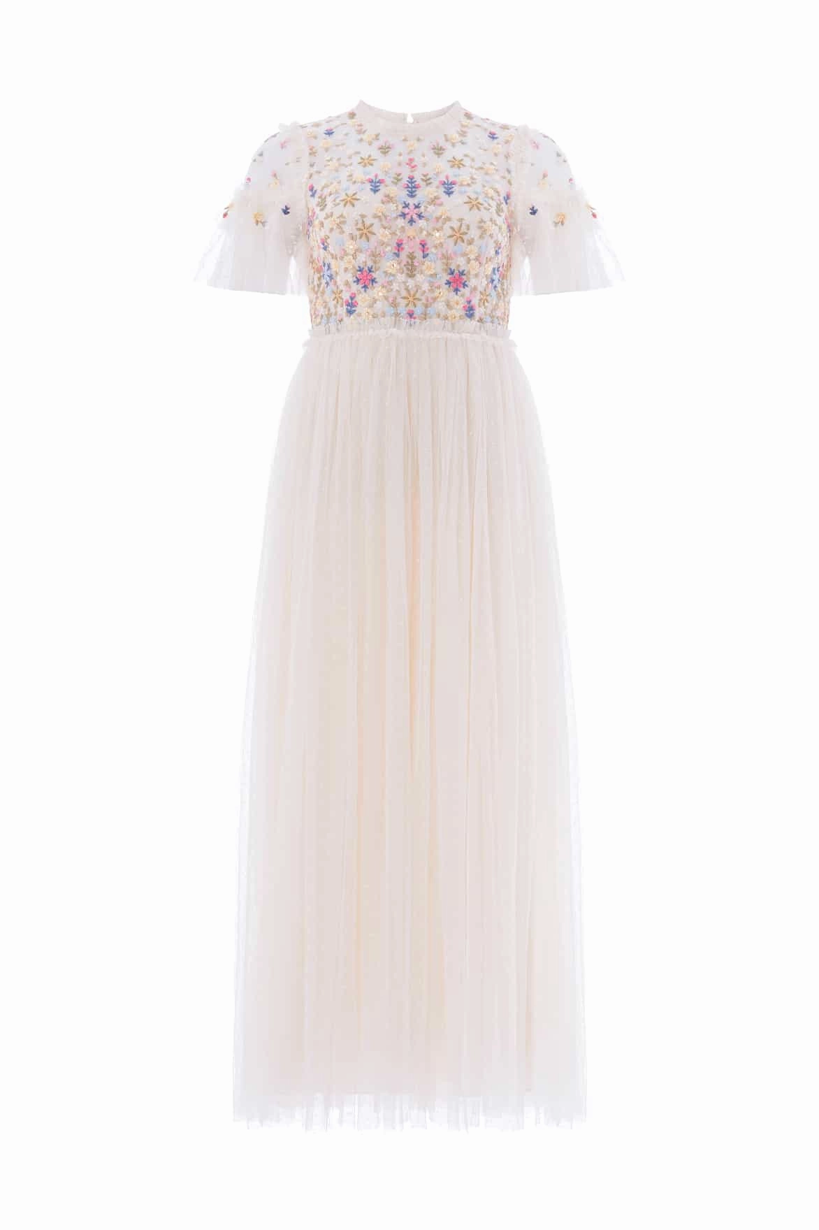 Flowerbed Embroidery Bodice Round Neck Ankle Gown SoftTouchTexture