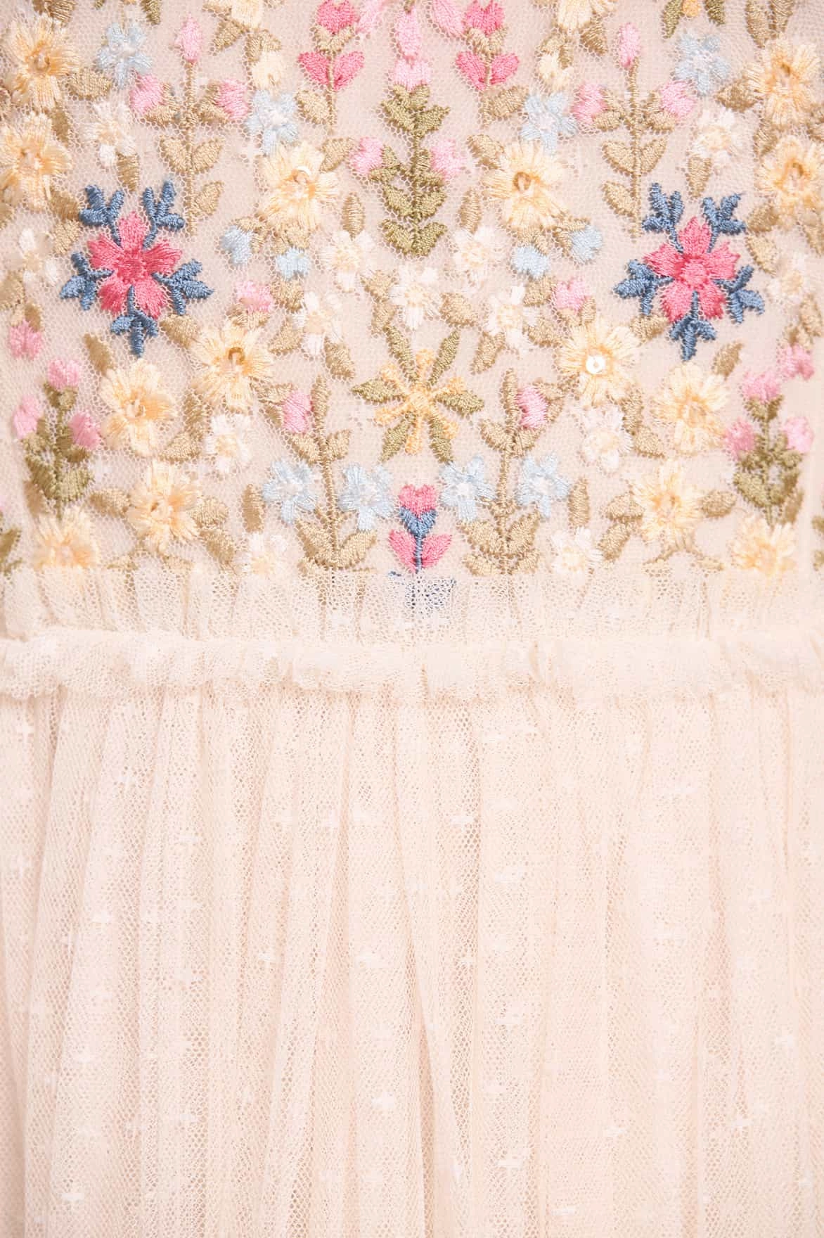 Flowerbed Embroidery Bodice Round Neck Ankle Gown Gentle Texture Airy Fabric