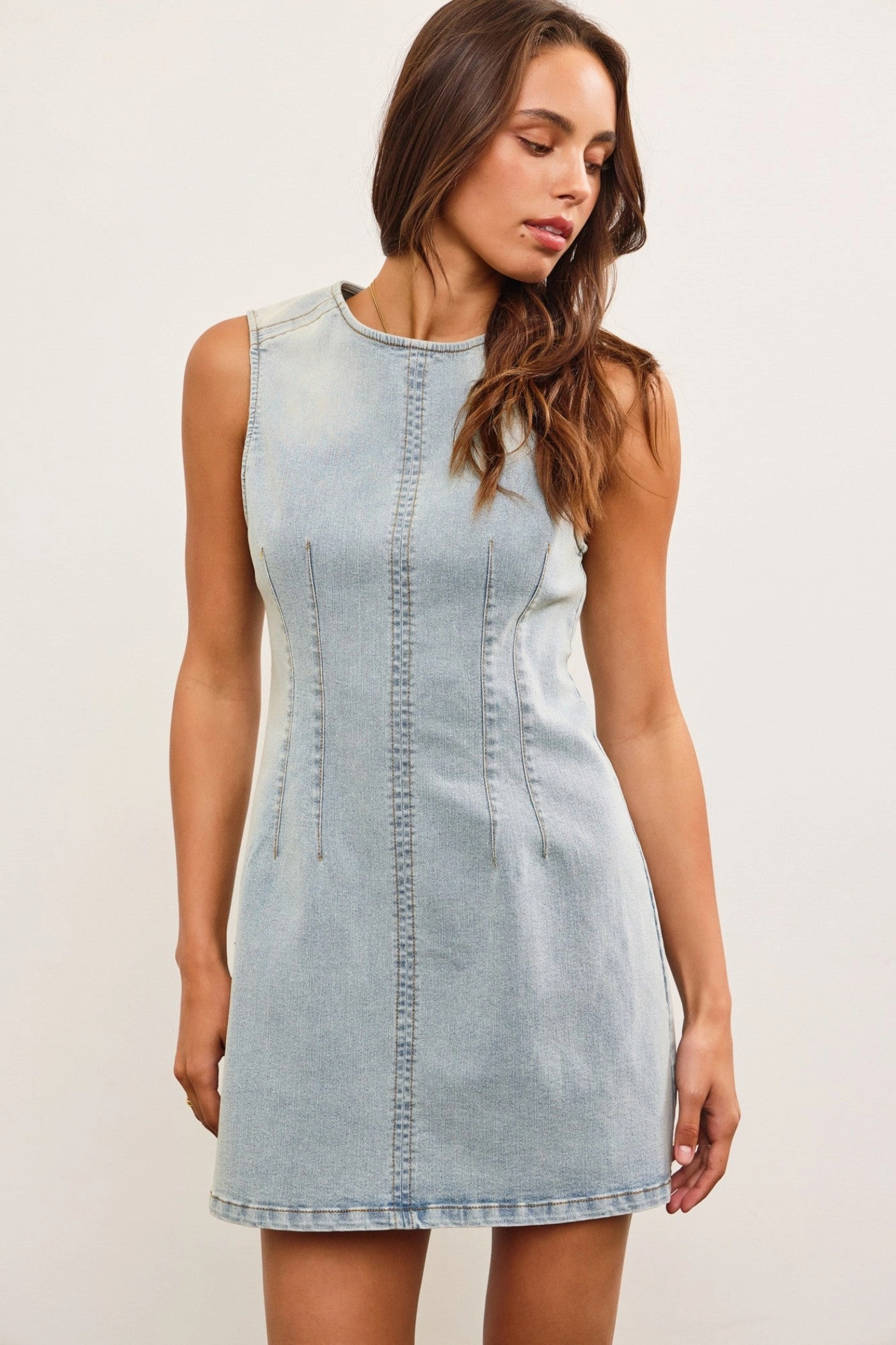 BROOKE DENIM MINI DRESS Shape Retention