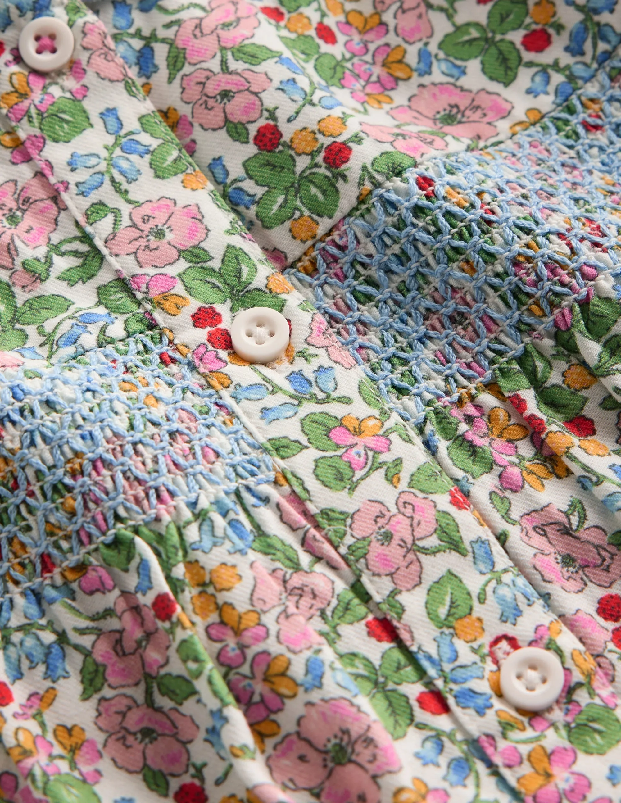 Scalloped Collar Smocked Shirt-Soft Ivory Berry Floral Holiday Casual