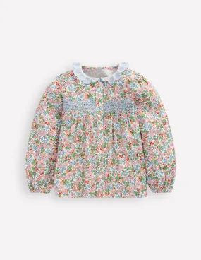 Scalloped Collar Smocked Shirt-Soft Ivory Berry Floral Fresh Comfort Style