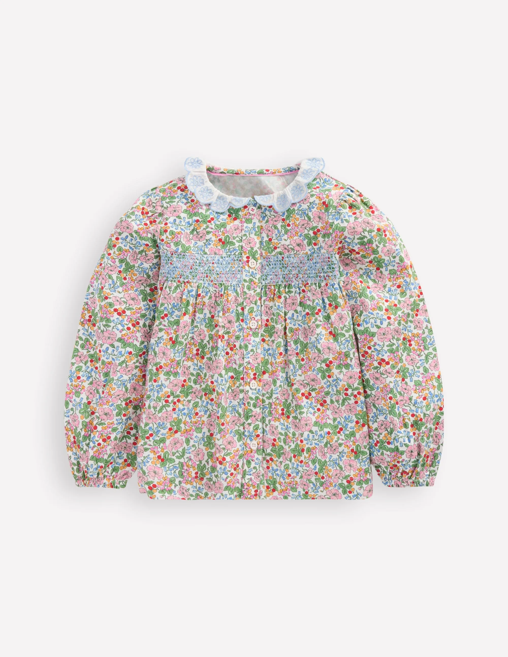 Scalloped Collar Smocked Shirt-Soft Ivory Berry Floral Chill Vibes