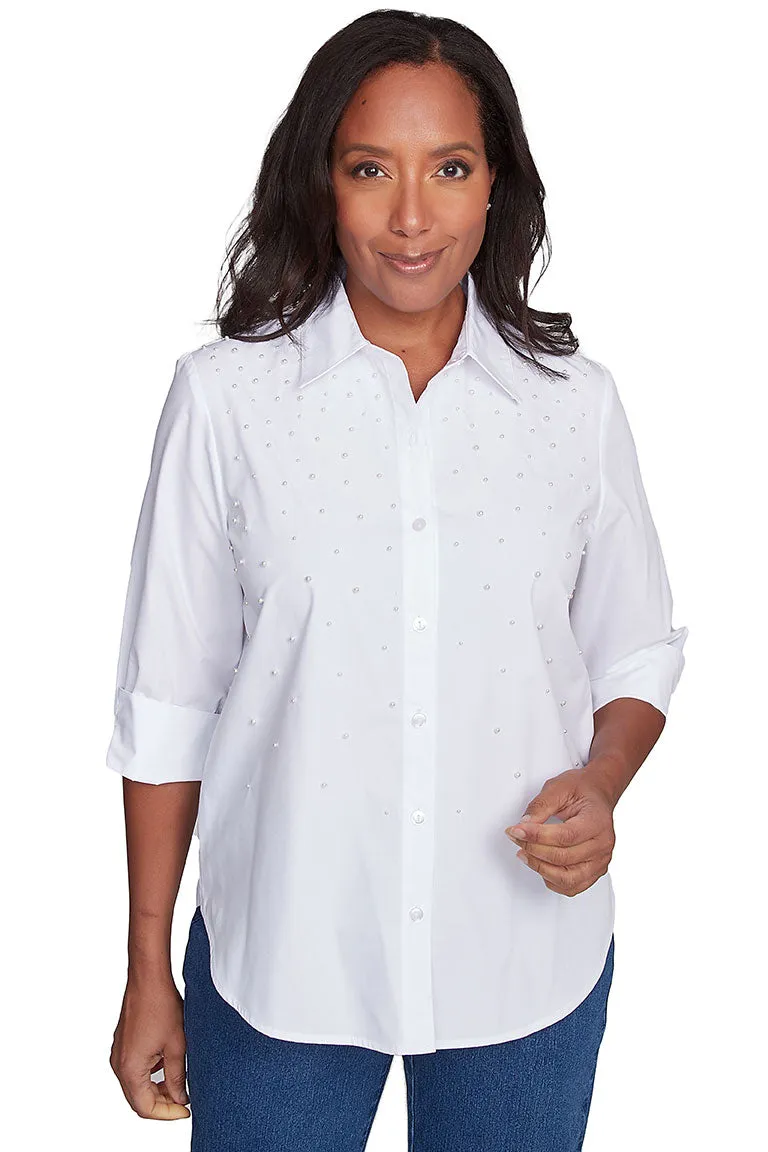 Tailored Placket Low Profile Waistband Integration Flower Power Pearl Studded Shirt