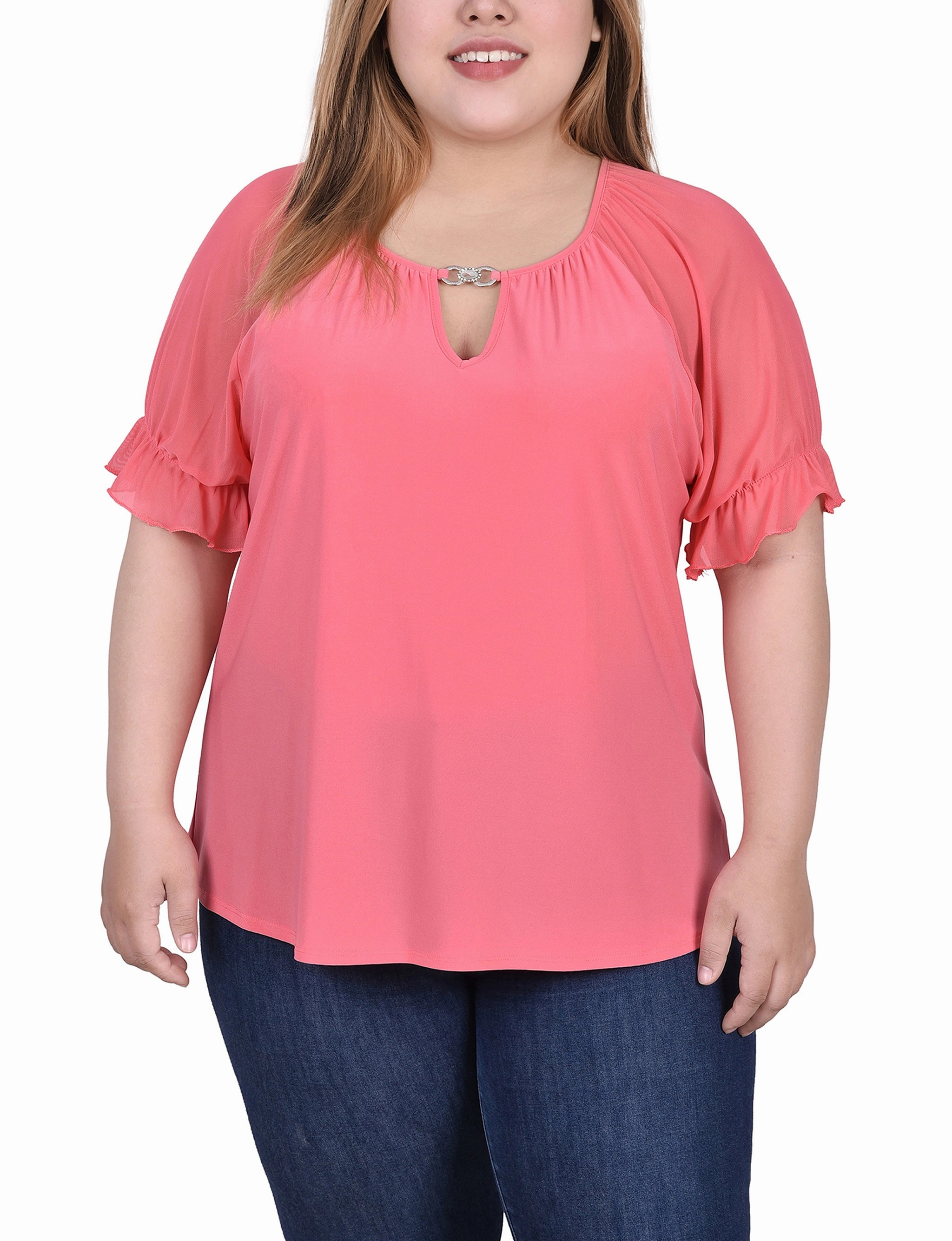 Plus Size Short Ruffle Sleeve Top With Rhinestones Tagless Neckline Flexible Shoulder Gusset