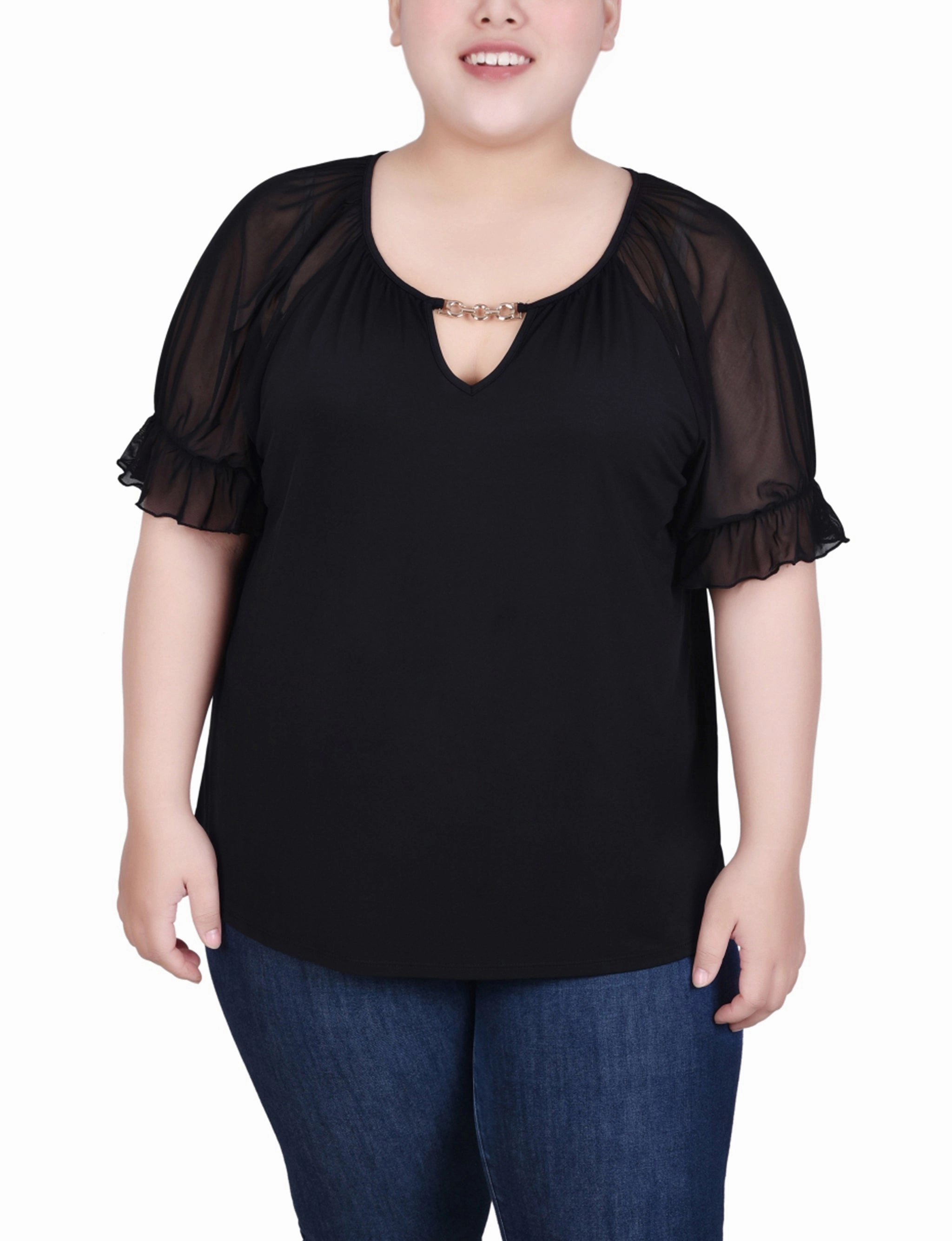 Plus Size Short Ruffle Sleeve Top With Rhinestones QuickDry Textile