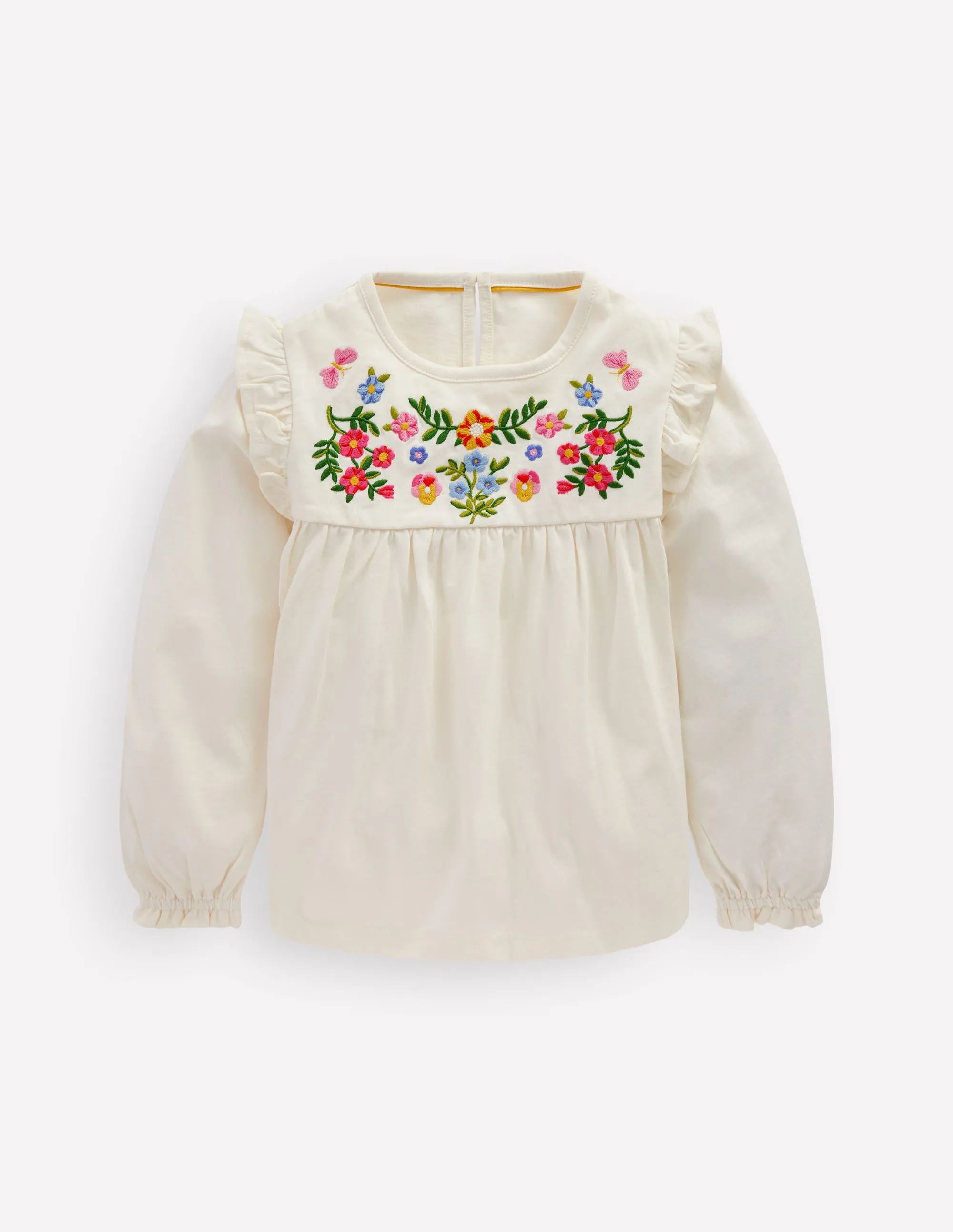 Embroidered Jersey Yoke Top-Soft Ivory Embroidery Layered Hem Design