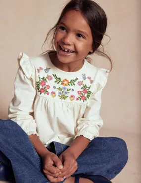 Embroidered Jersey Yoke Top-Soft Ivory Embroidery Street Style Universal Silhouette