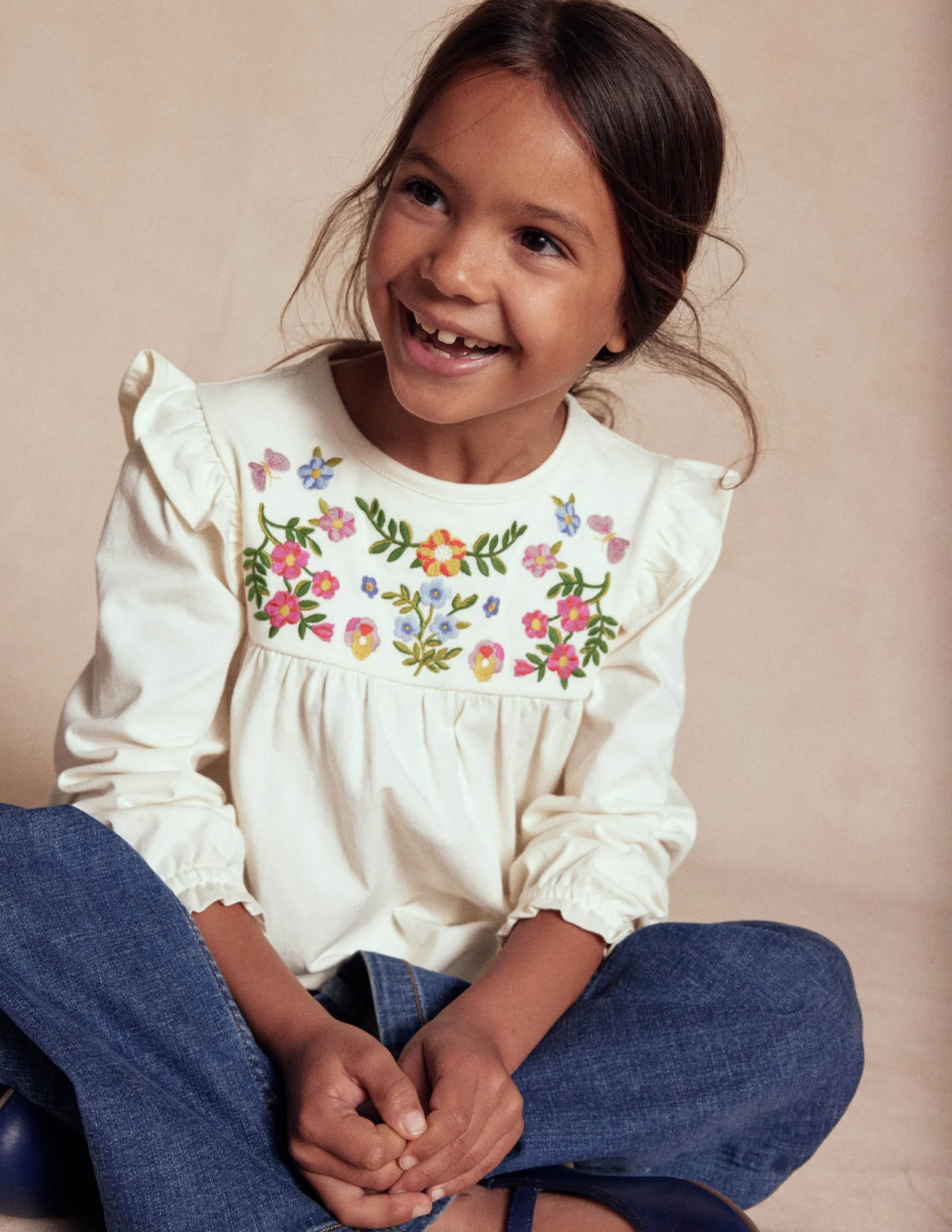 Embroidered Jersey Yoke Top-Soft Ivory Embroidery Street Style Universal Silhouette