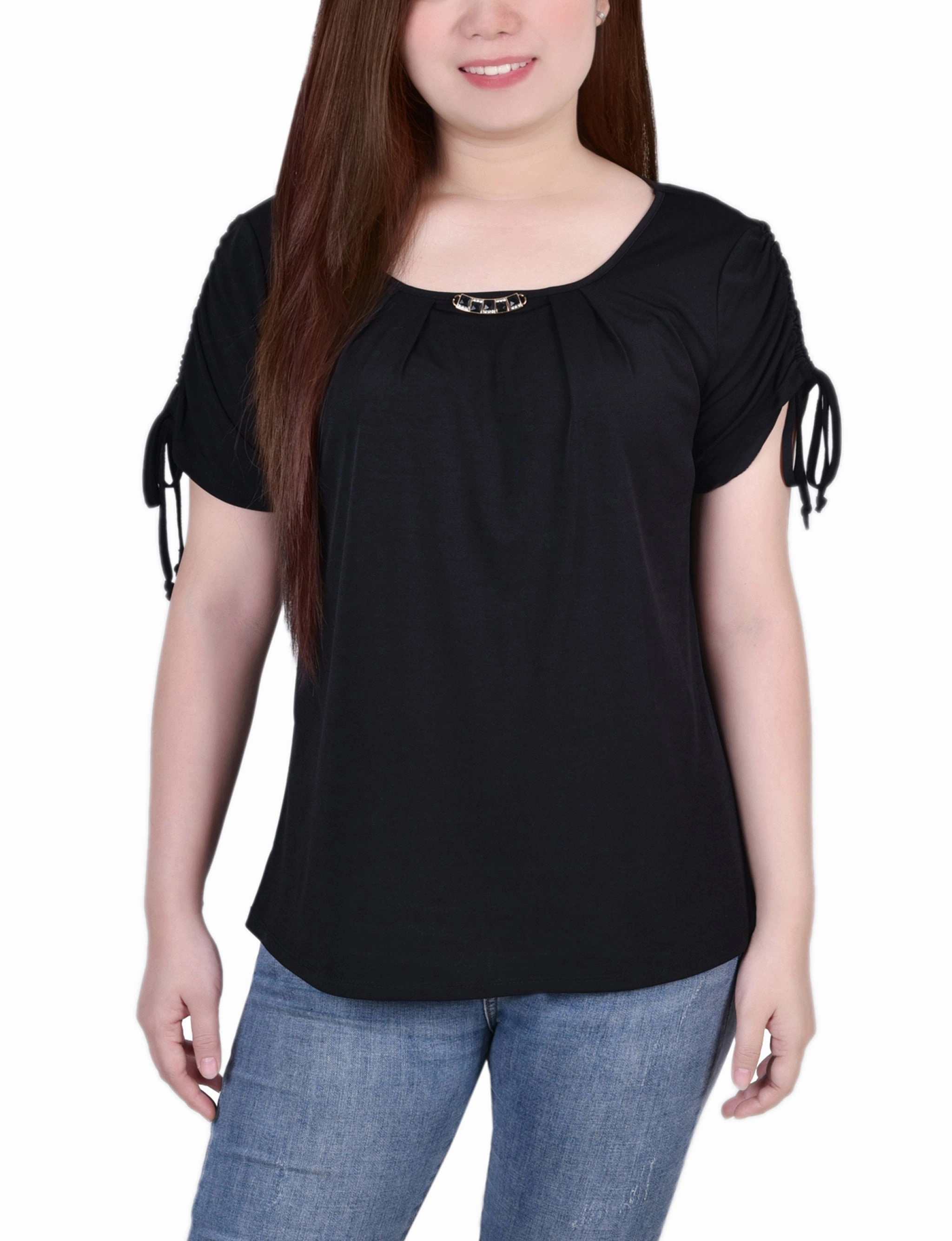 Short Ruched Sleeve Top With Pleats Convertible Style High Neck Design