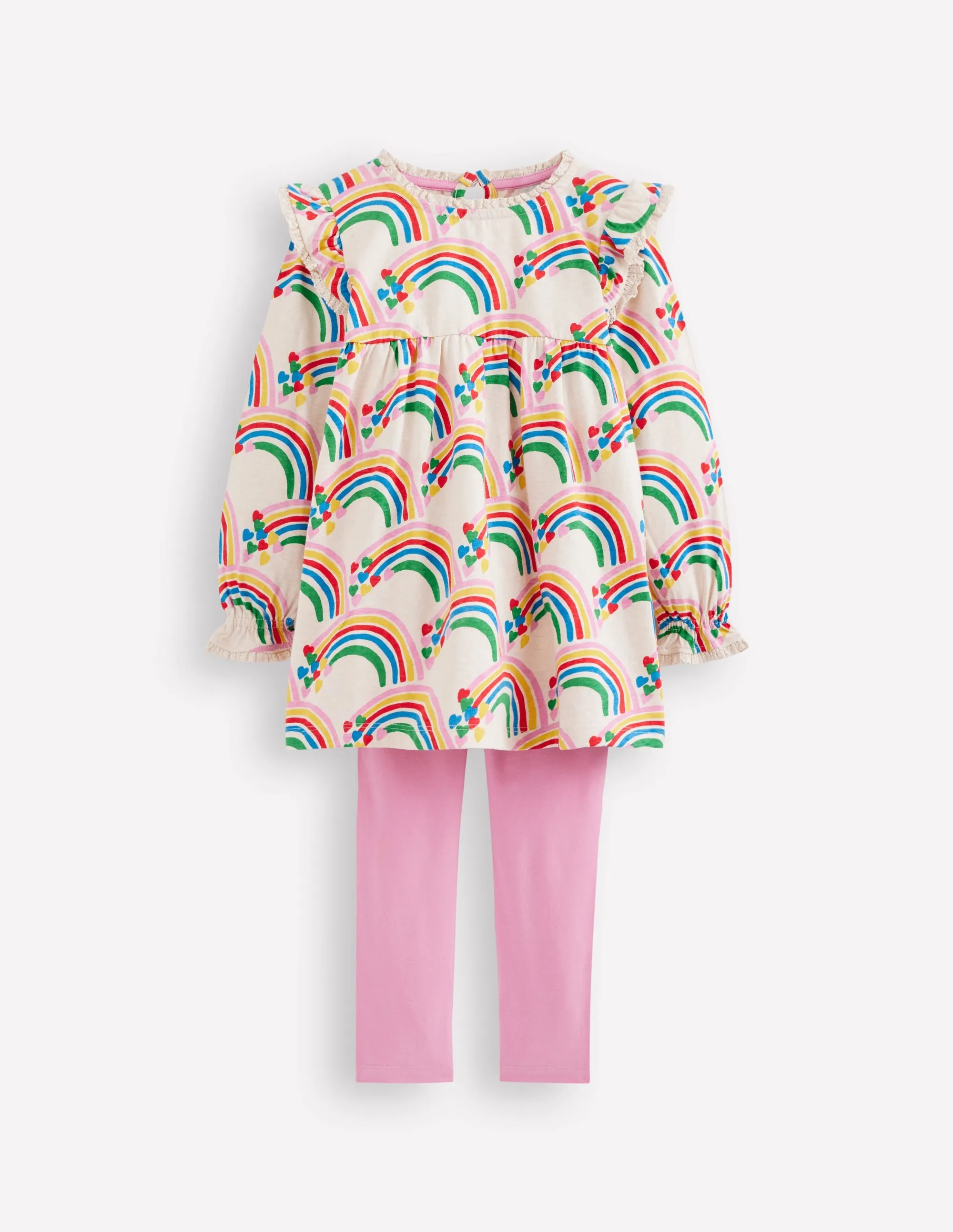 Trendy Basics Printed Tunic Set-Oatmeal Marl Rainbow Hearts