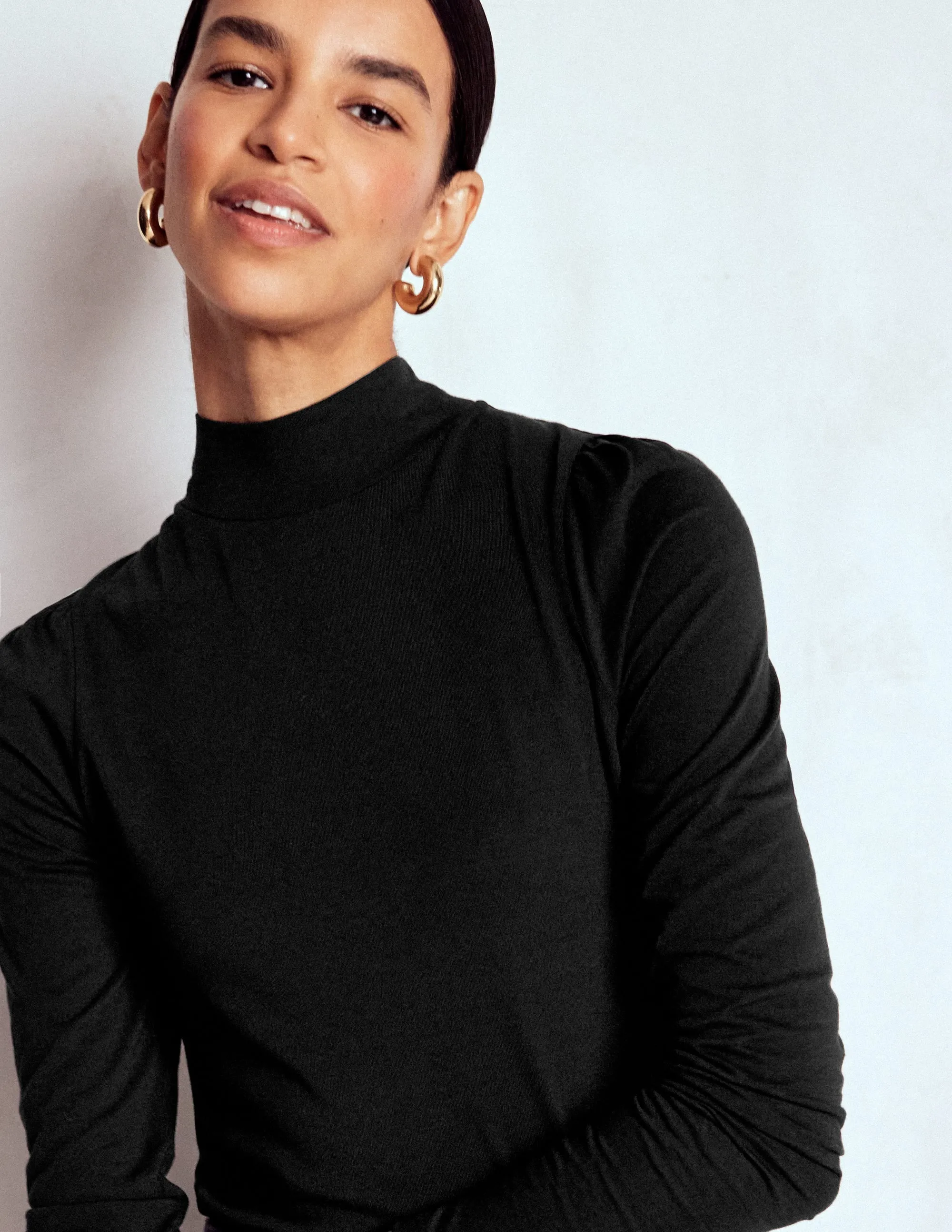 casual top MeshPanel Puff Shoulder Jersey Top-Black