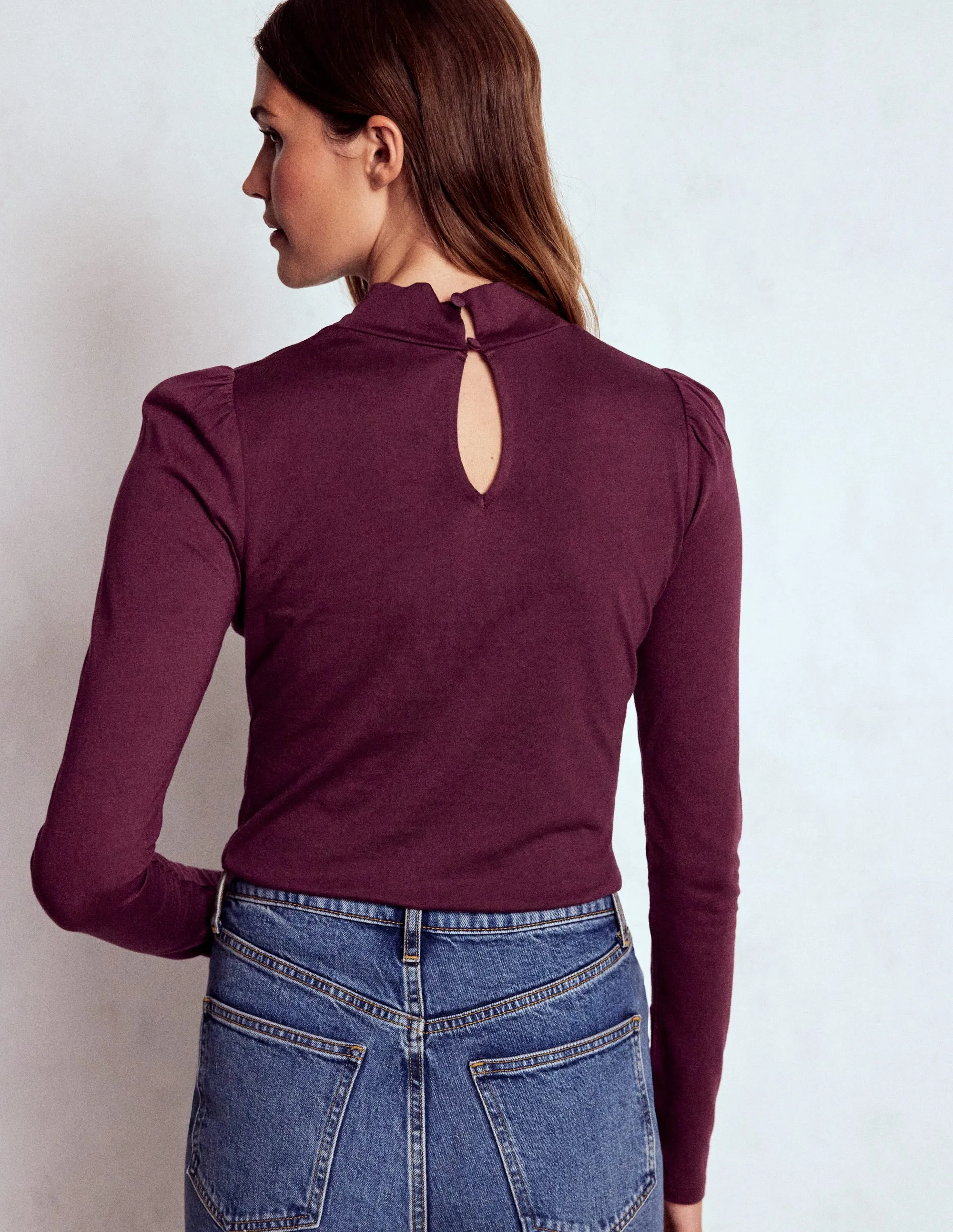Flatlock Seams Puff Shoulder Jersey Top-Dark Cherry