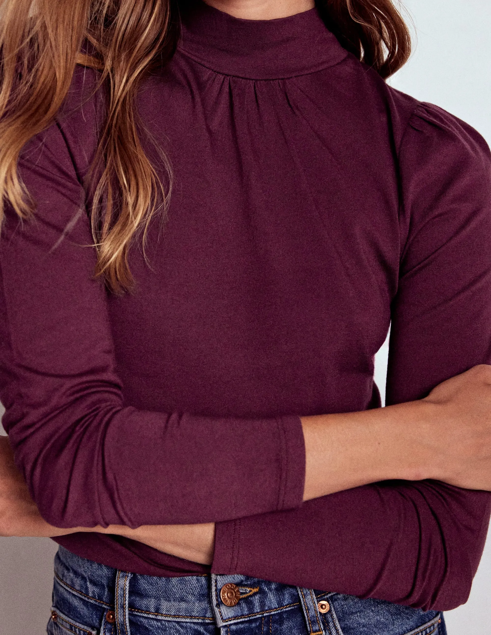 AdjustableNeckline EcoFriendlyBlend Puff Shoulder Jersey Top-Dark Cherry