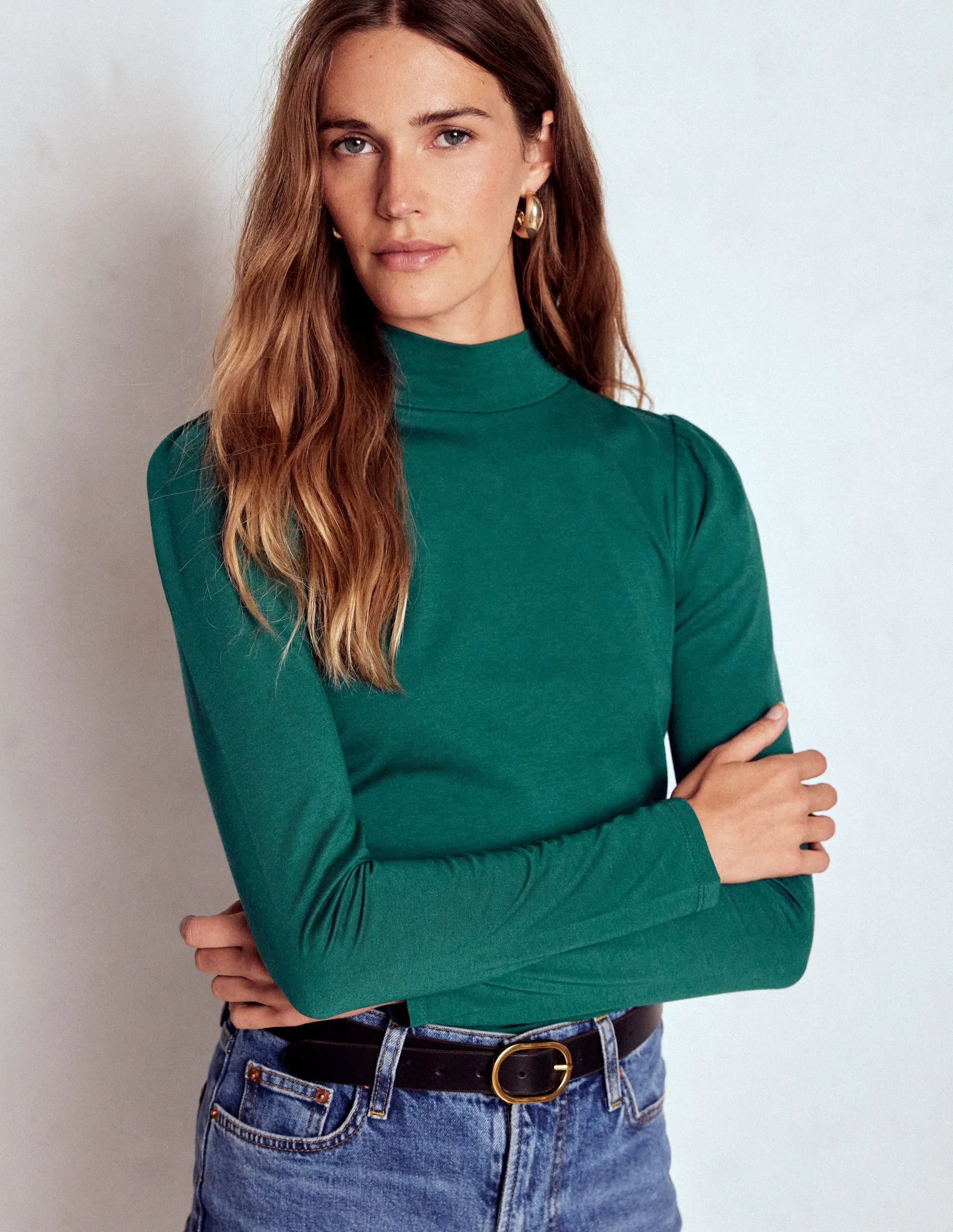 Hybrid Fabric Blend Puff Shoulder Jersey Top-Emerald Night