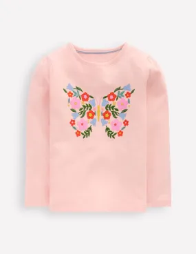 Puff Sleeve Applique T-Shirt-Chalk Pink Butterfly Wrinkle Resistant Finish